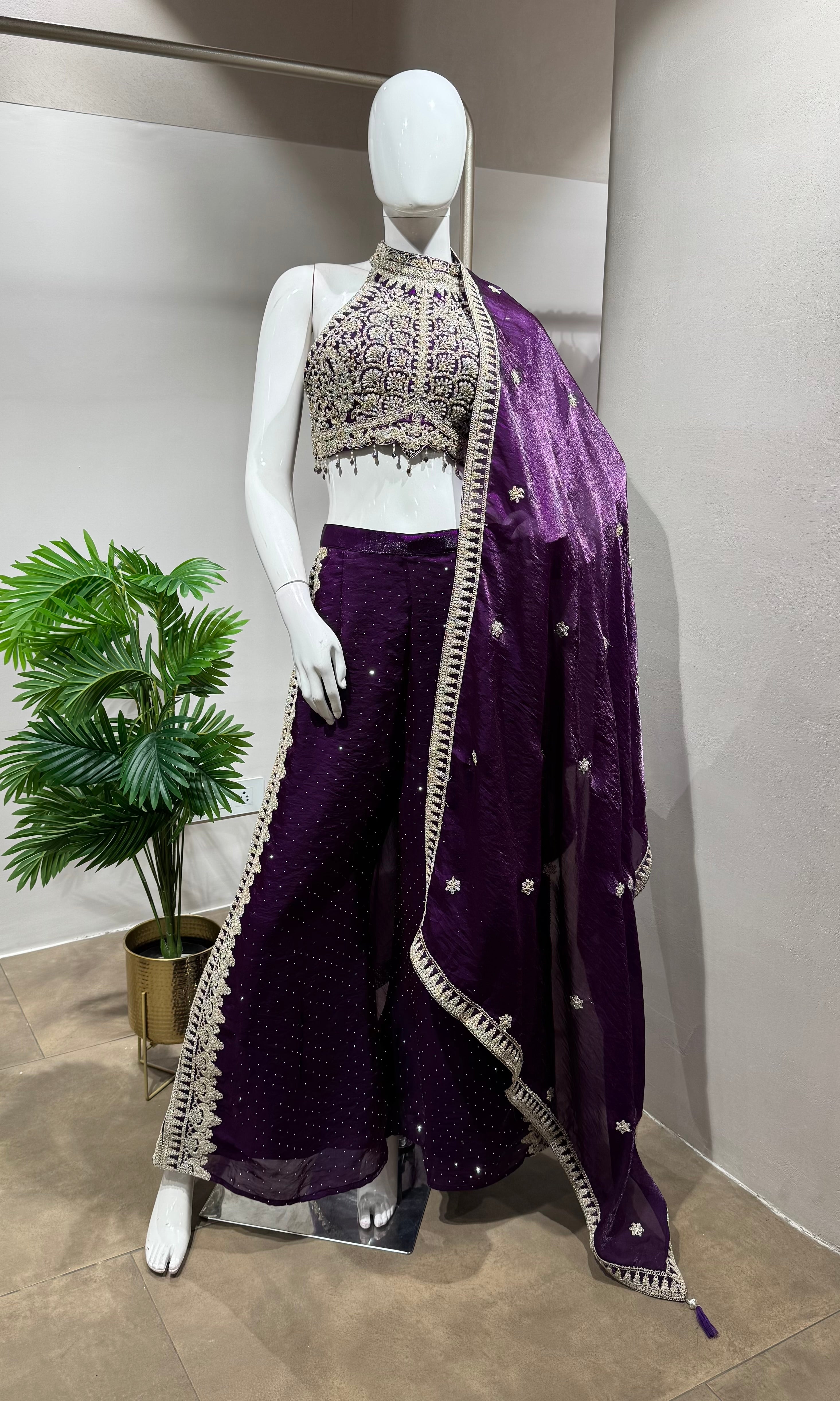 PURPLE EMBROIDERED HALTER CROP TOP PALAZZO SET