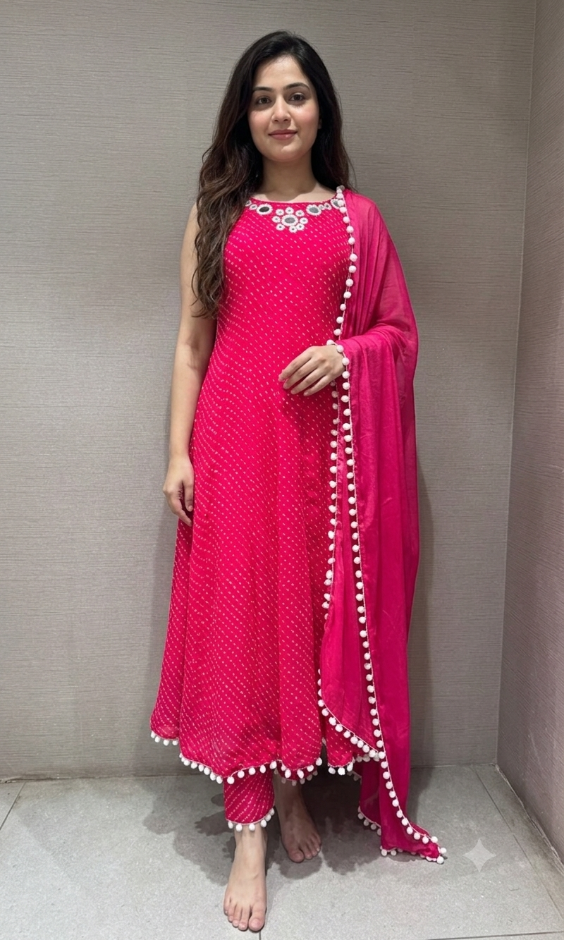 PINK bandhani print and intricate mirror anarkali set