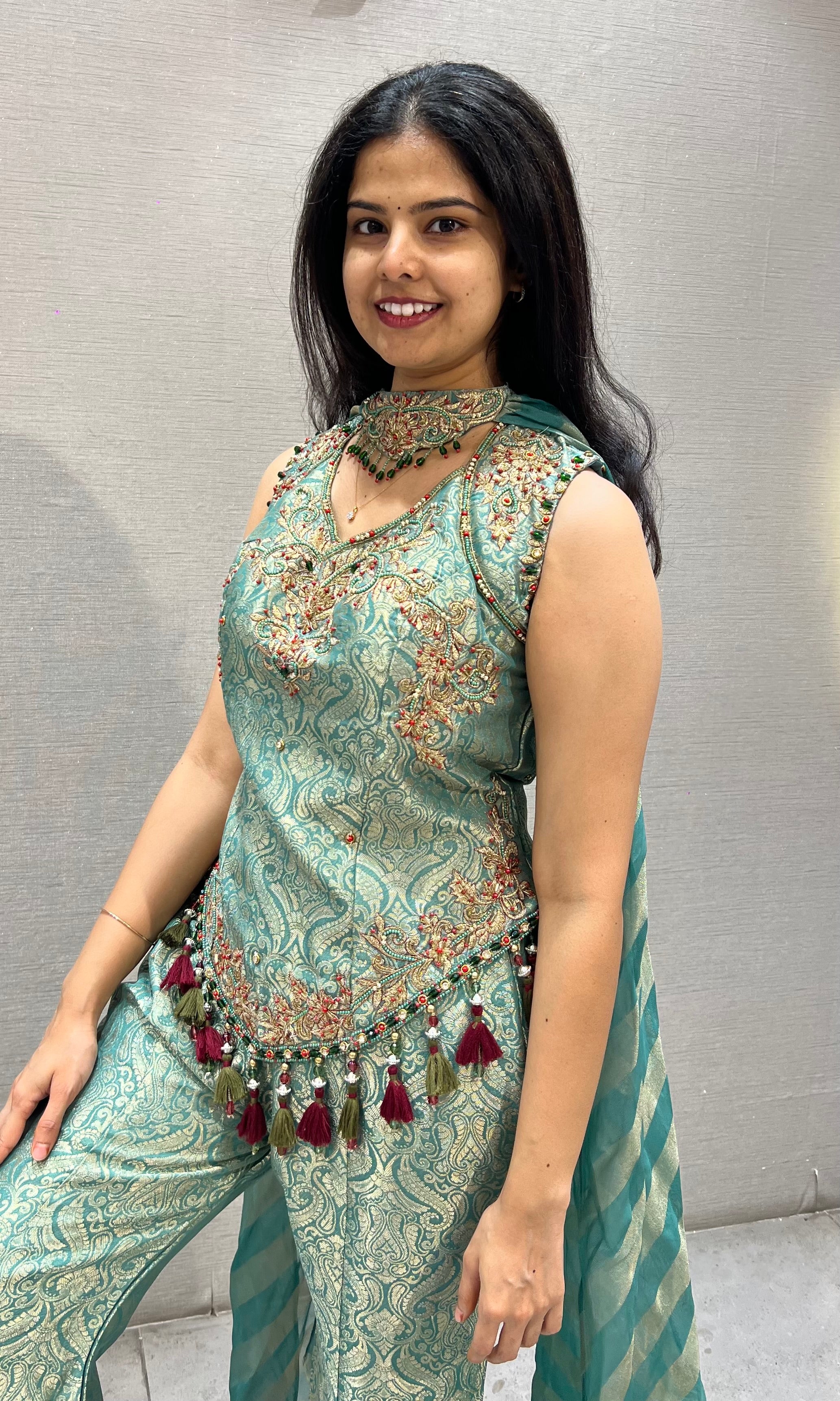 Green Gold Floral Banarasi Silk Brocade Peplum palazzo set