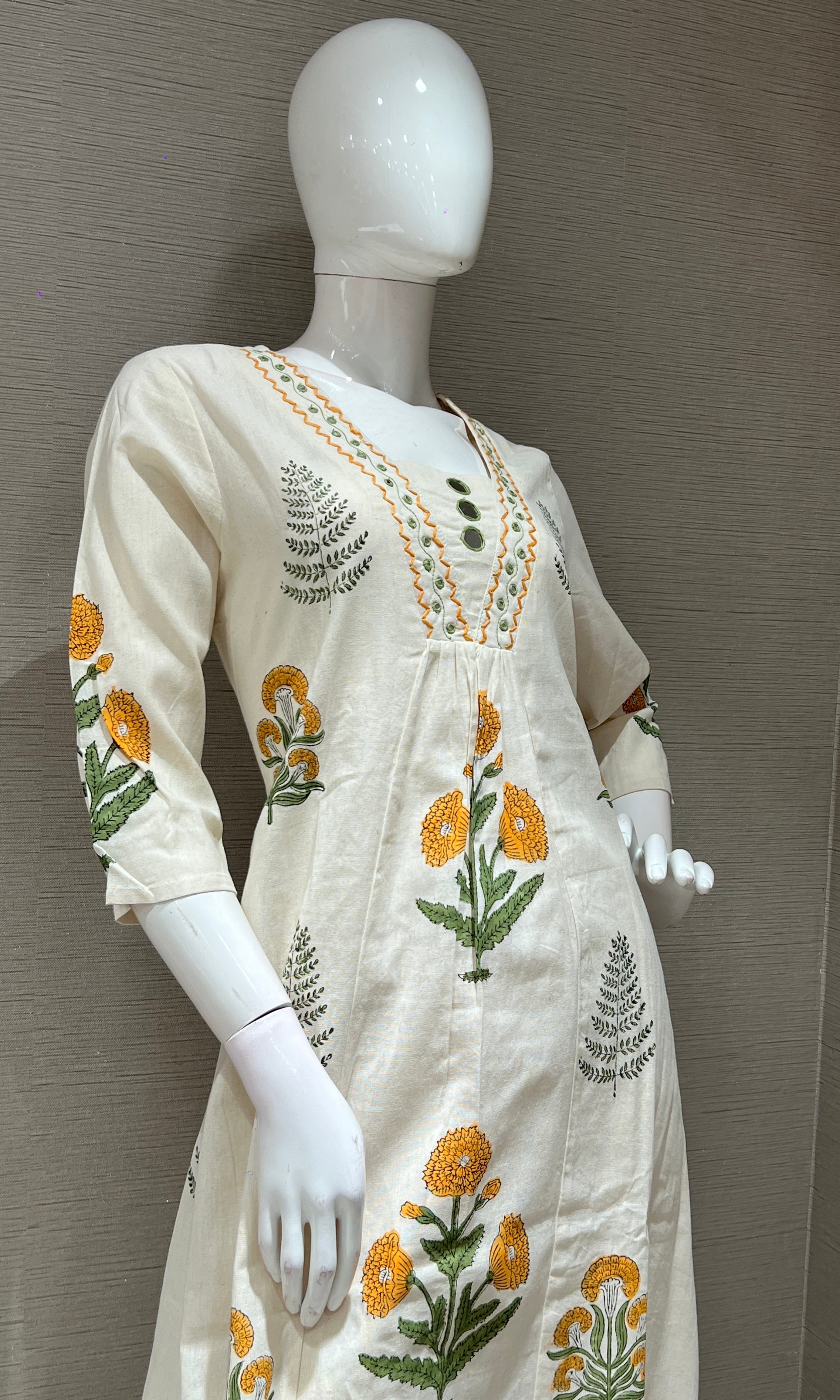 Yellow A LINE FLORAL KURTI WITH BOTTOM