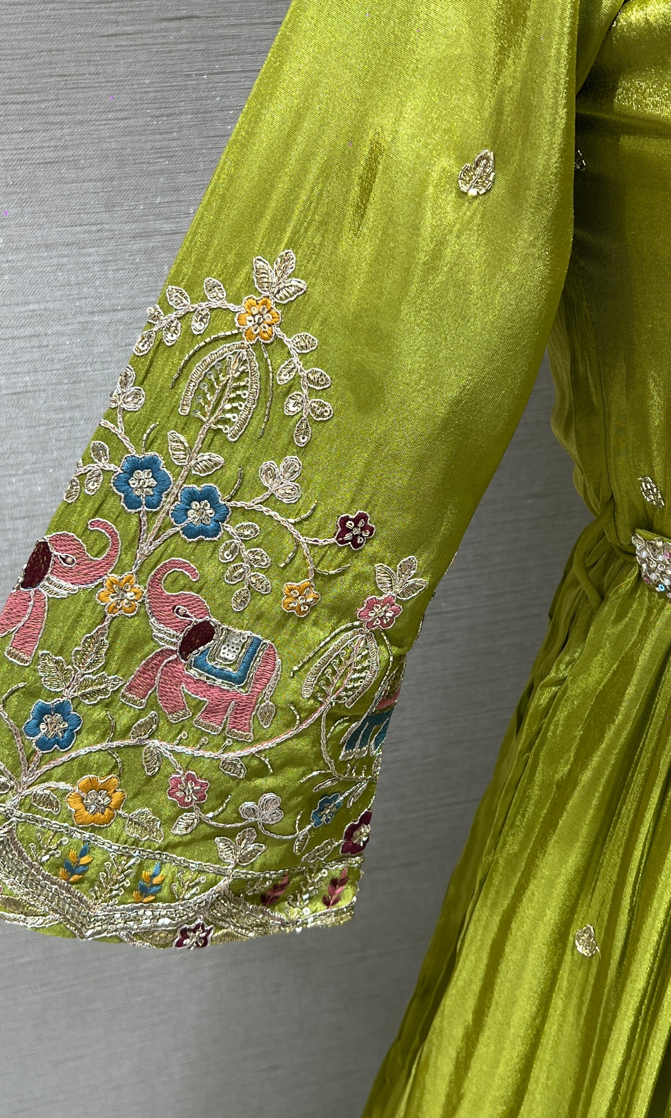 Parrot Green Anarkali Long Gown with Multicolor Thread Work