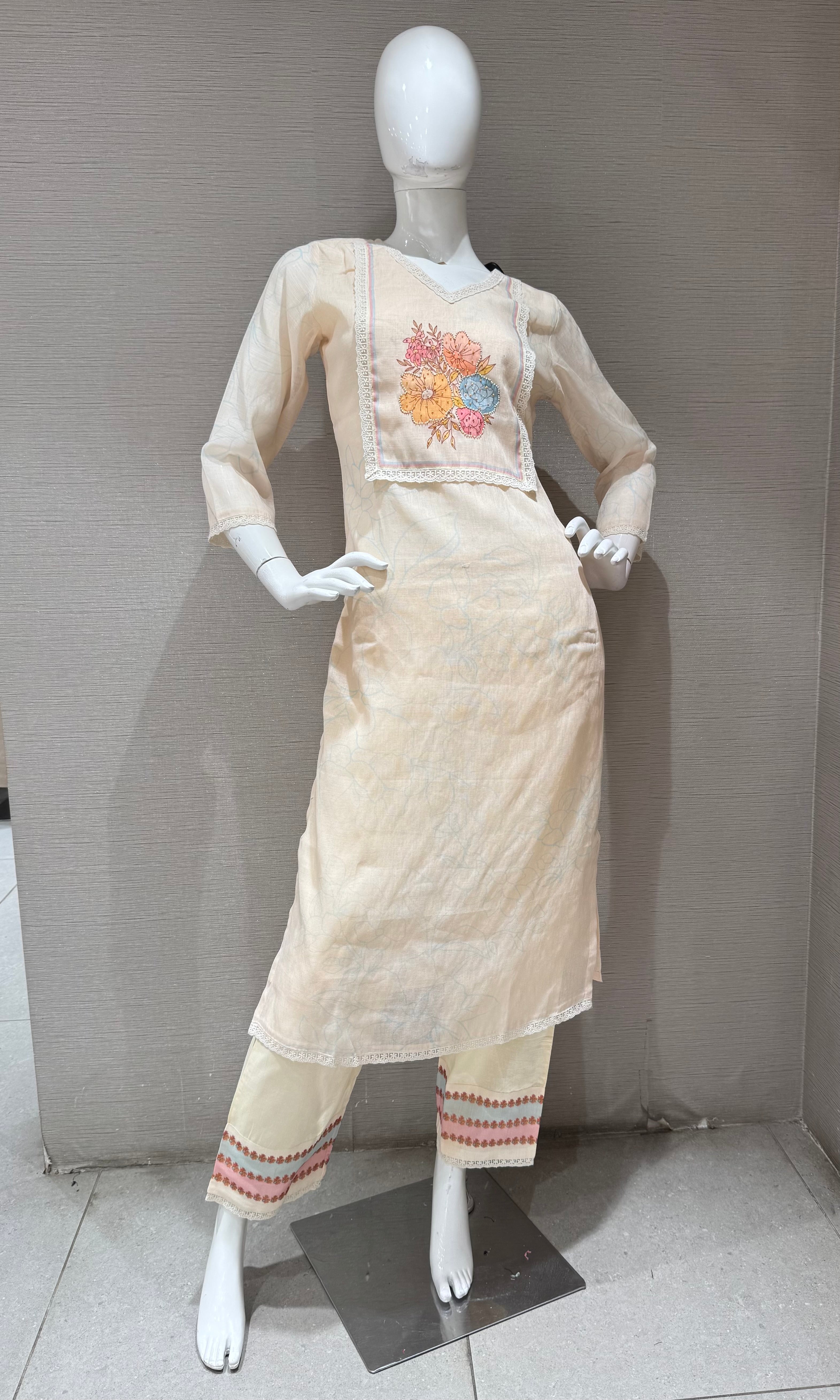 Peach Straight Kurta Set with Multicolor Pastel Panel dupatta