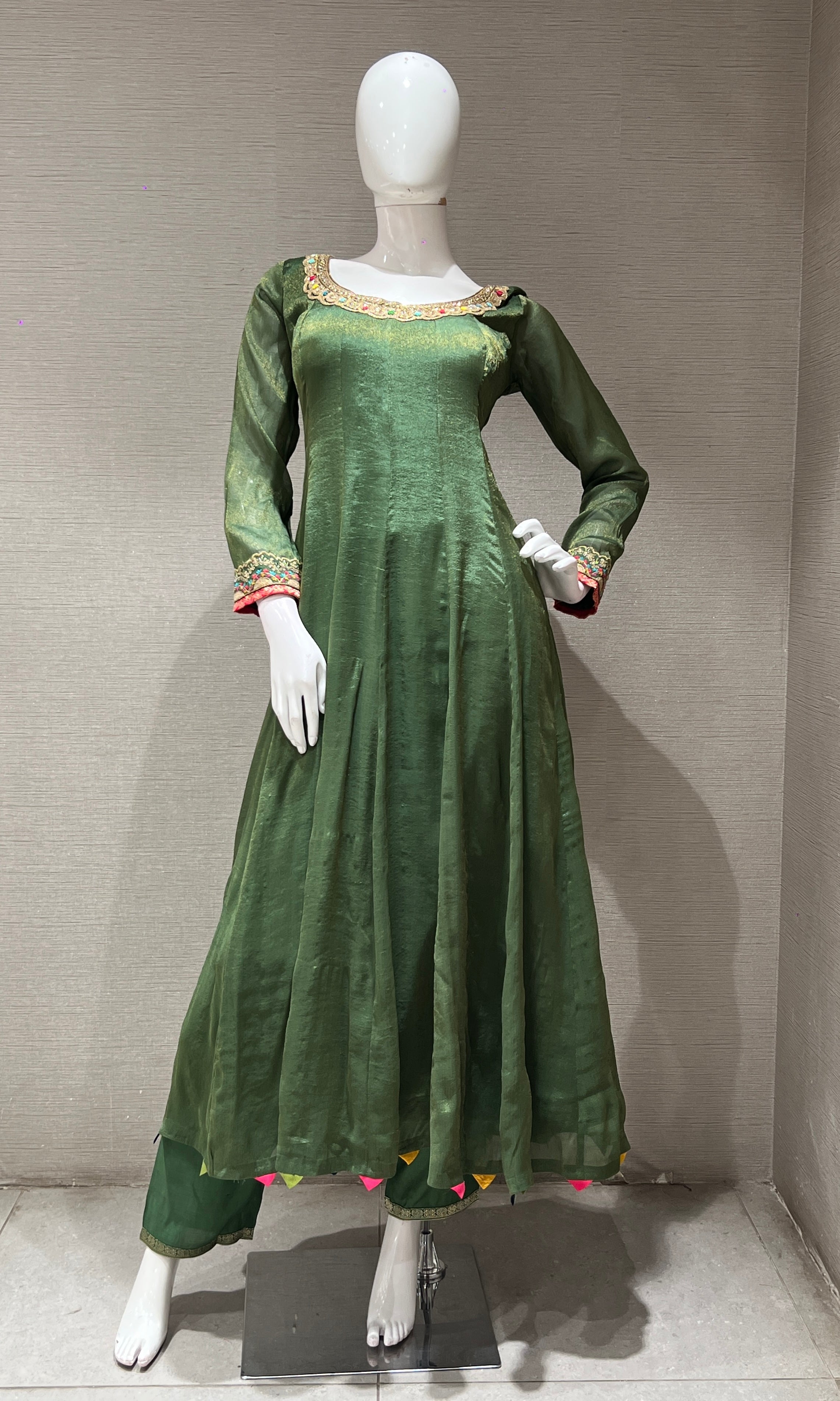 BOTTLE green ANARKALI WITH PRINTED DUPATTA