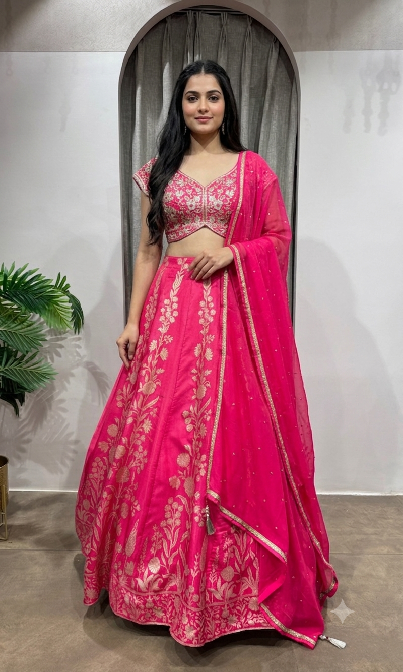 RANI PINK EMBROIDERED BANARASI lehenga