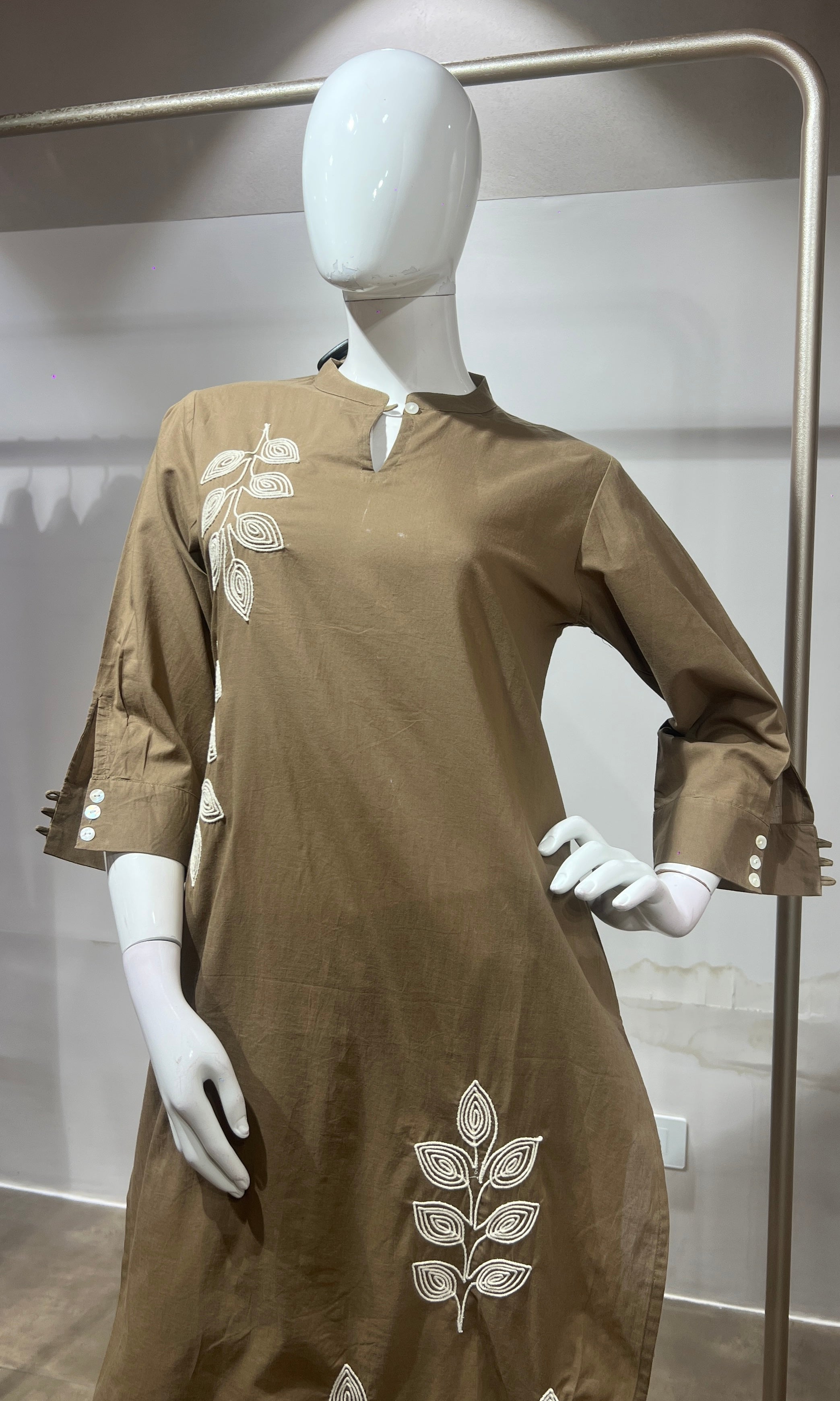 Beige Leaf Cotton Kurta Set with Tassel Dupatta