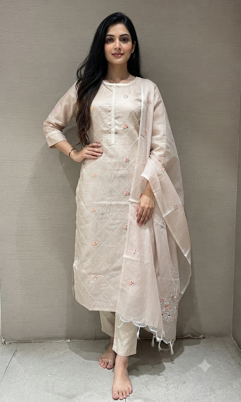 Light Pink floral Cotton Kurta Set