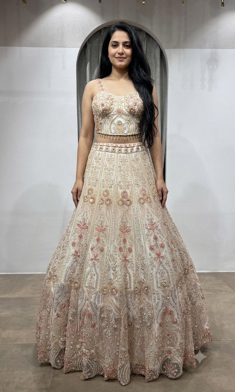 CREAM golden intricate embroidered lehenga