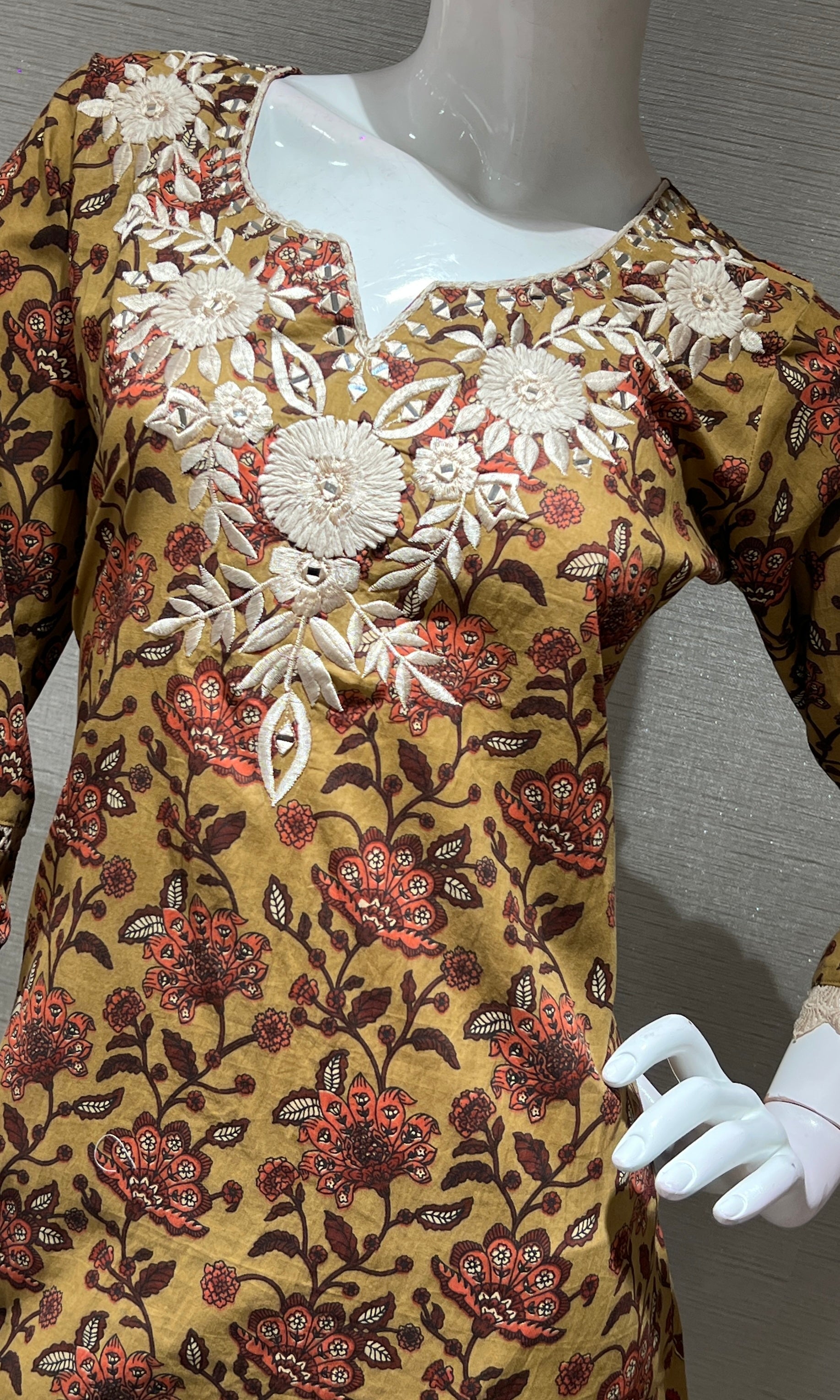 MUSTARD YELLOW printed EMBROIDERED KURTA SET