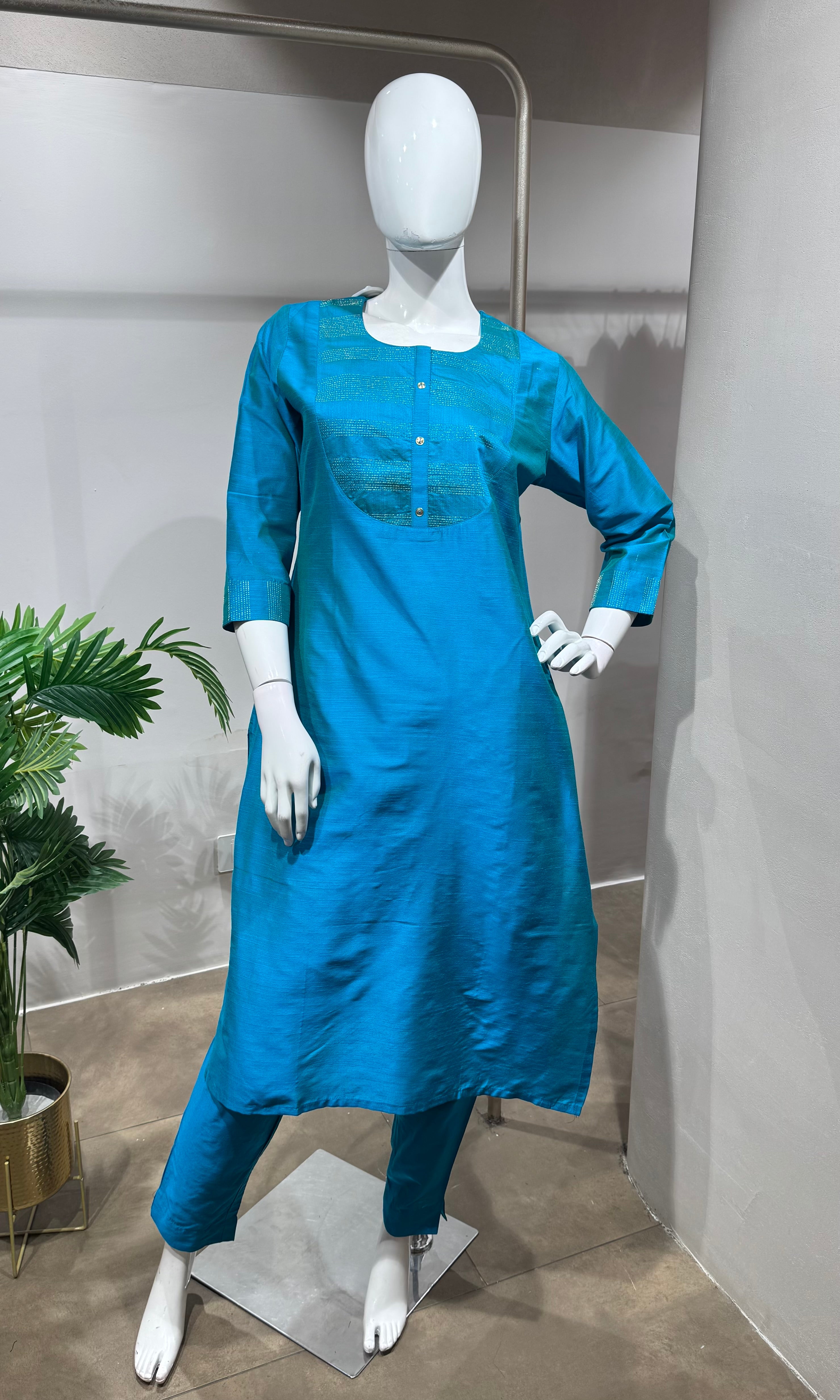 Rama Blue Embroidered Silk Kurta Set