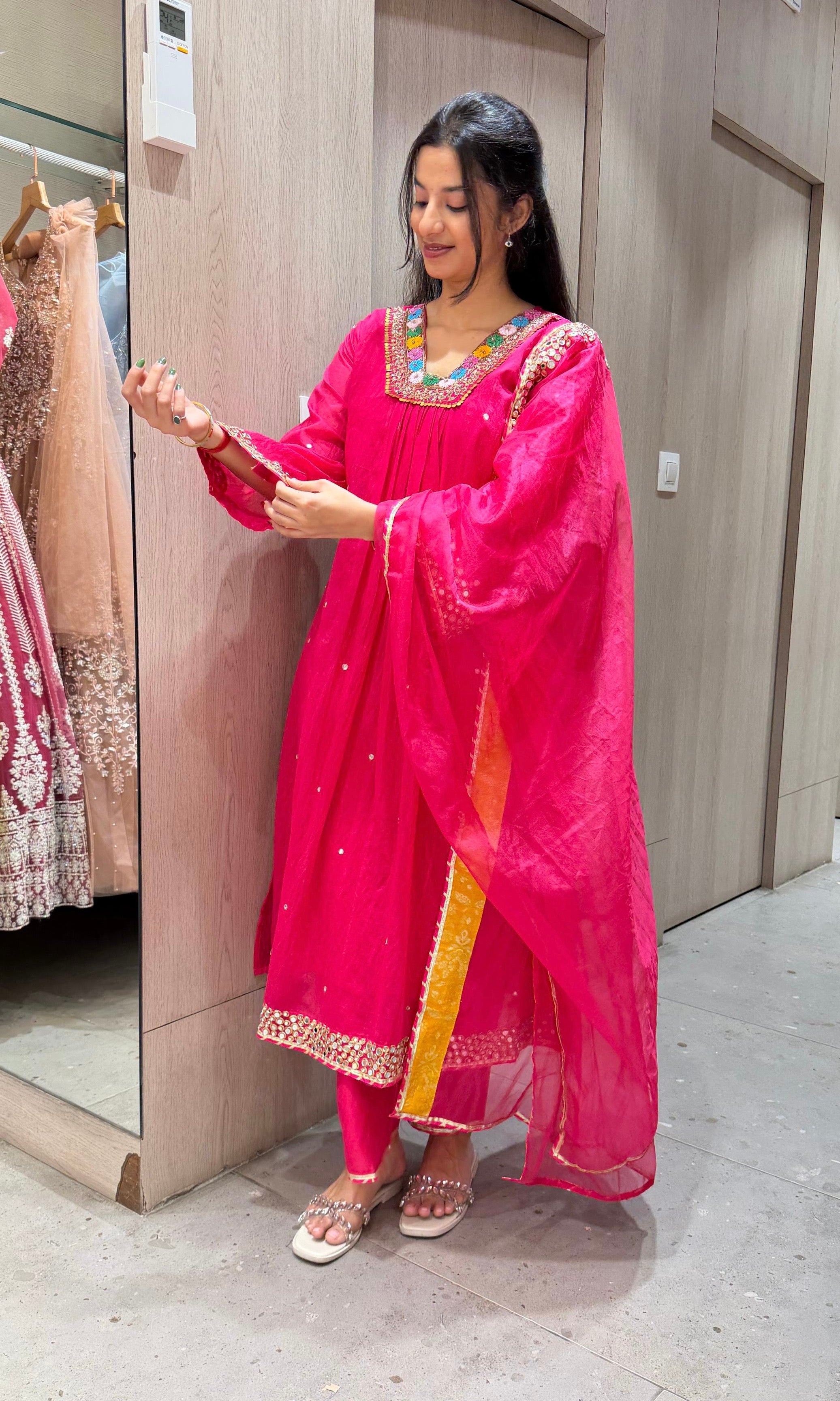 RANI PINK FLORAL NECK A LINE kurta set