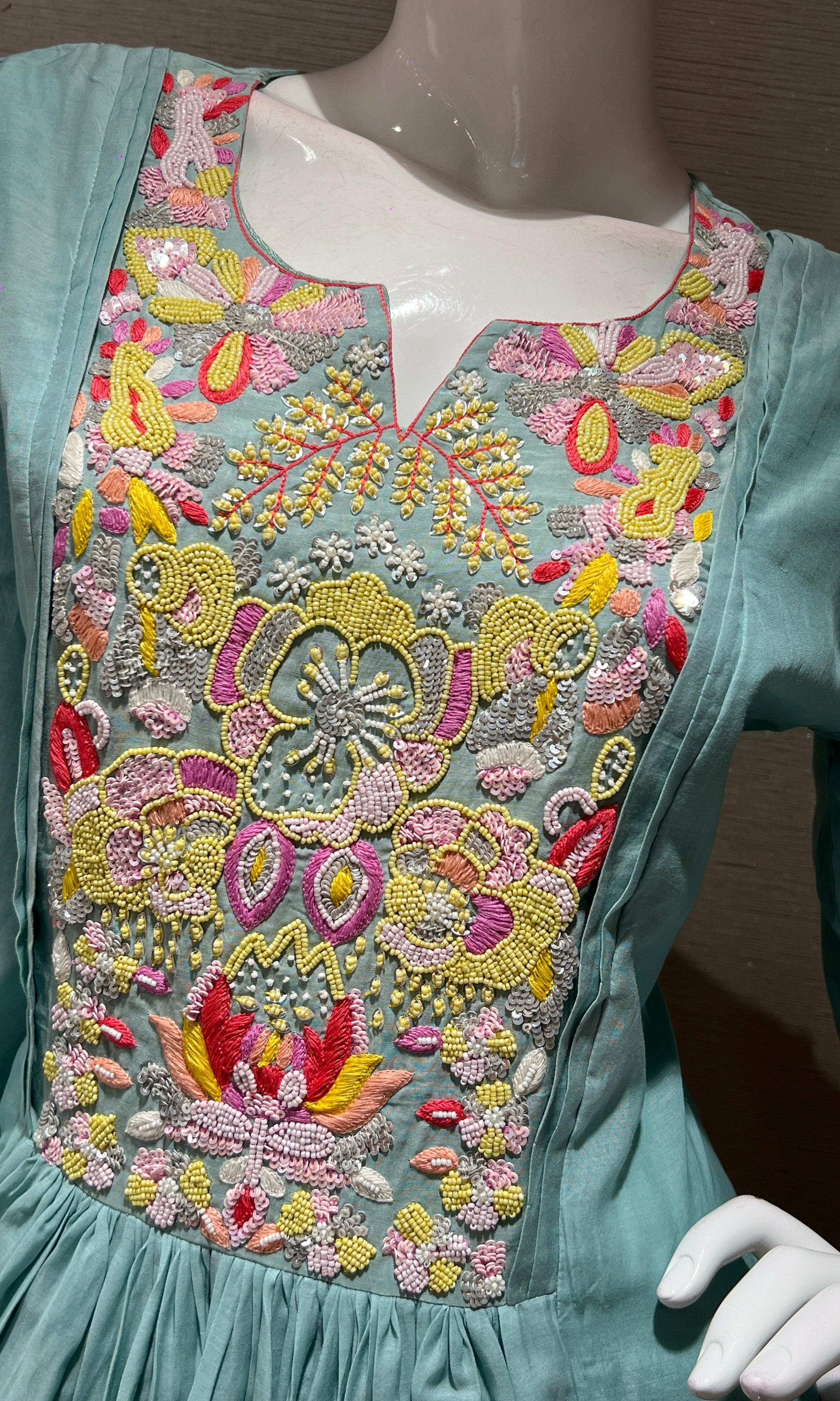 sea blue floral bead work mul chanderi kurta set