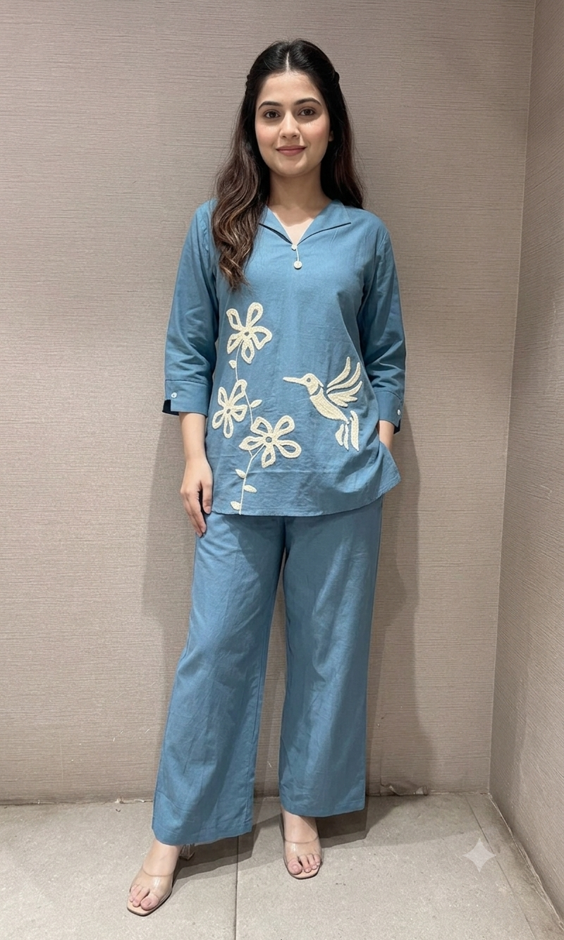 Blue Floral With Bird Embroidered Cord Set