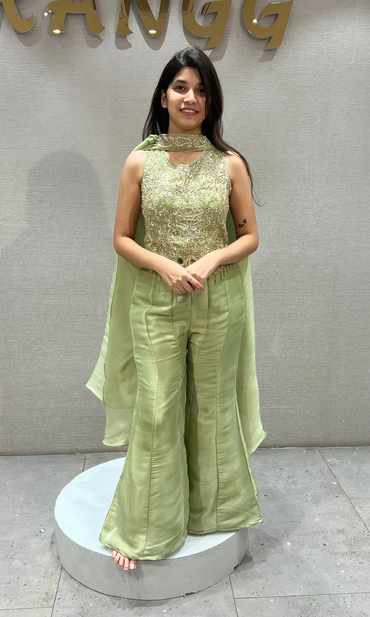 Pista Green shimmer Embellished Palazzo set
