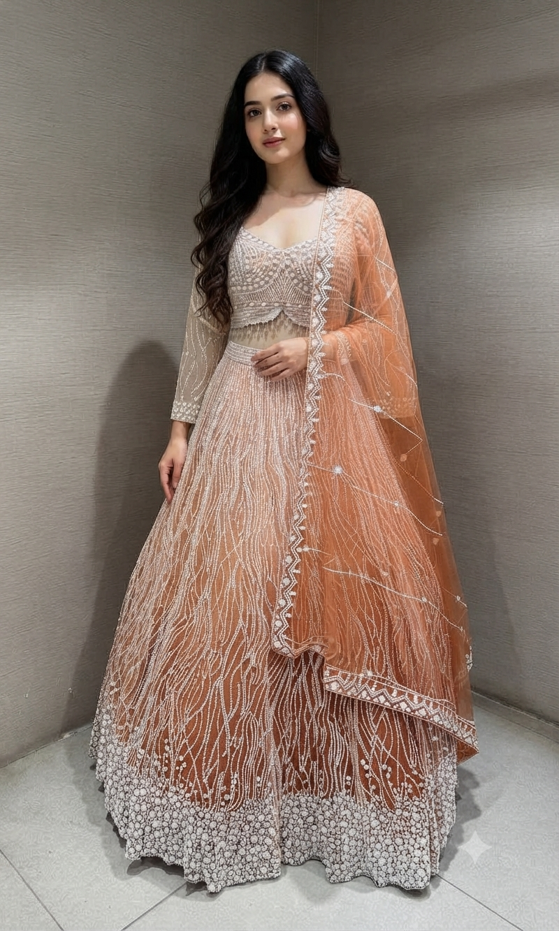 Peach Elegant Ombre Lehenga set with Beaded Embroidery