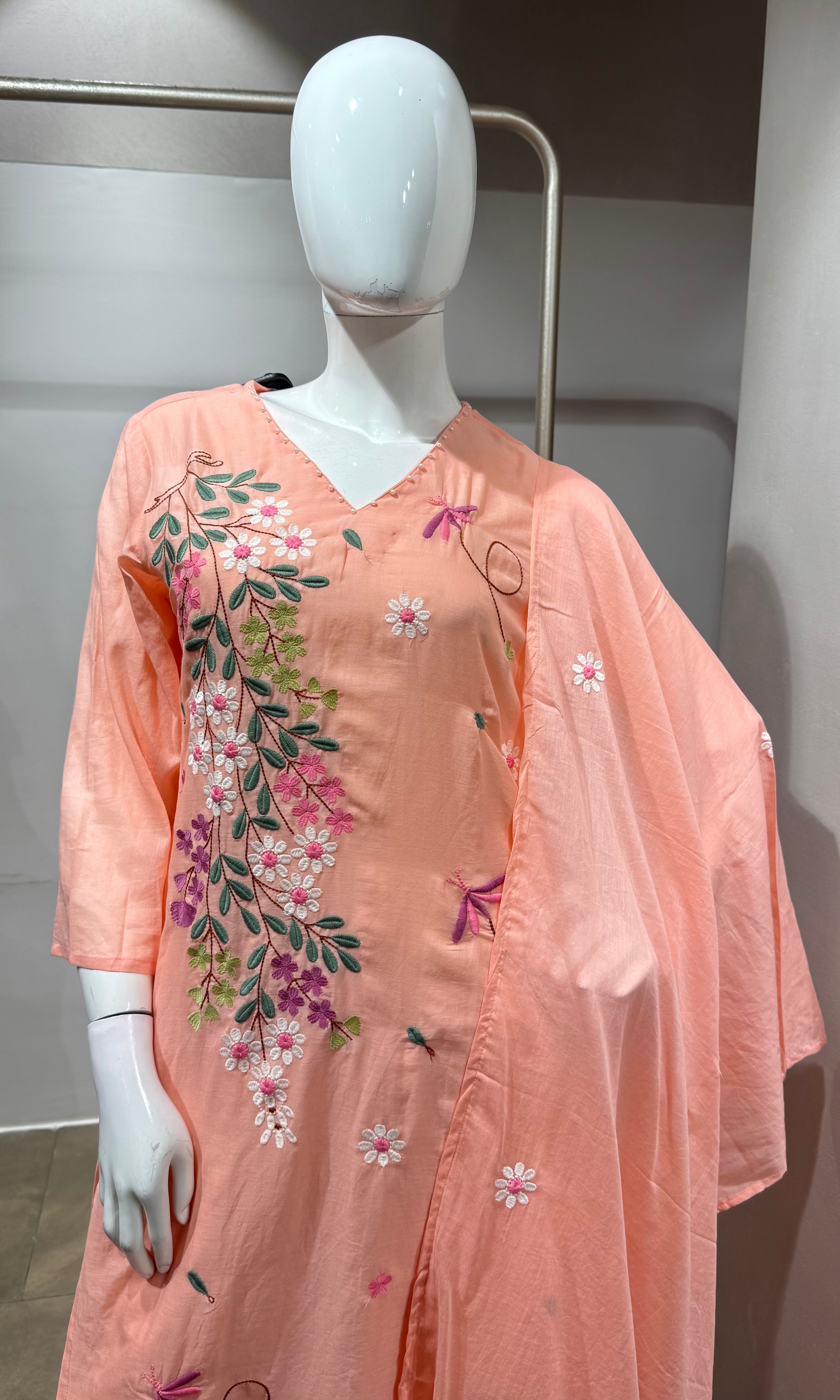 Peach Pastel Floral Embroidered Kurta Set with Dupatta