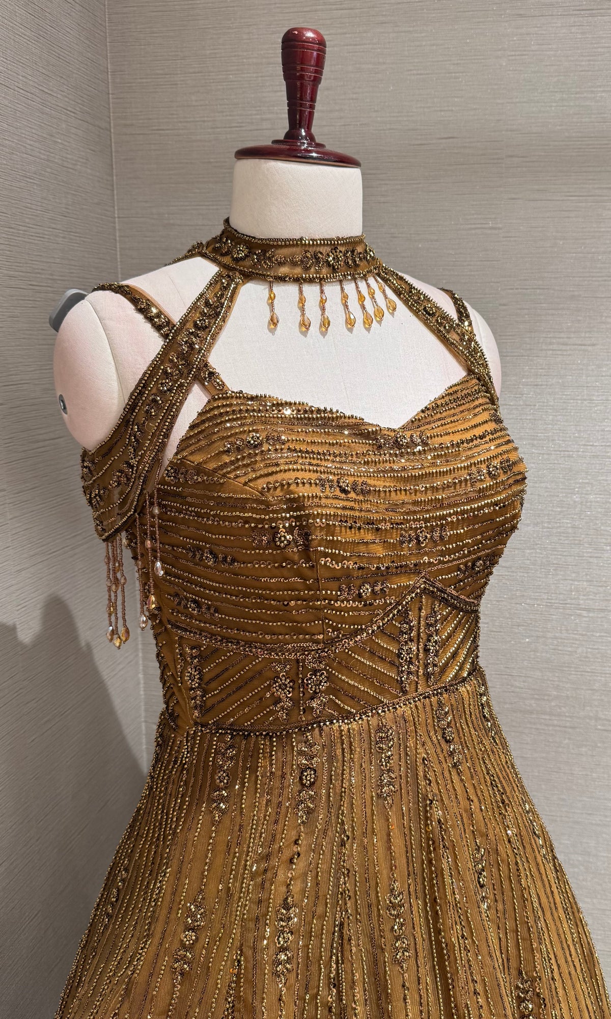 Brown Halter Neck Ballgown with Sheer Cap Sleeves
