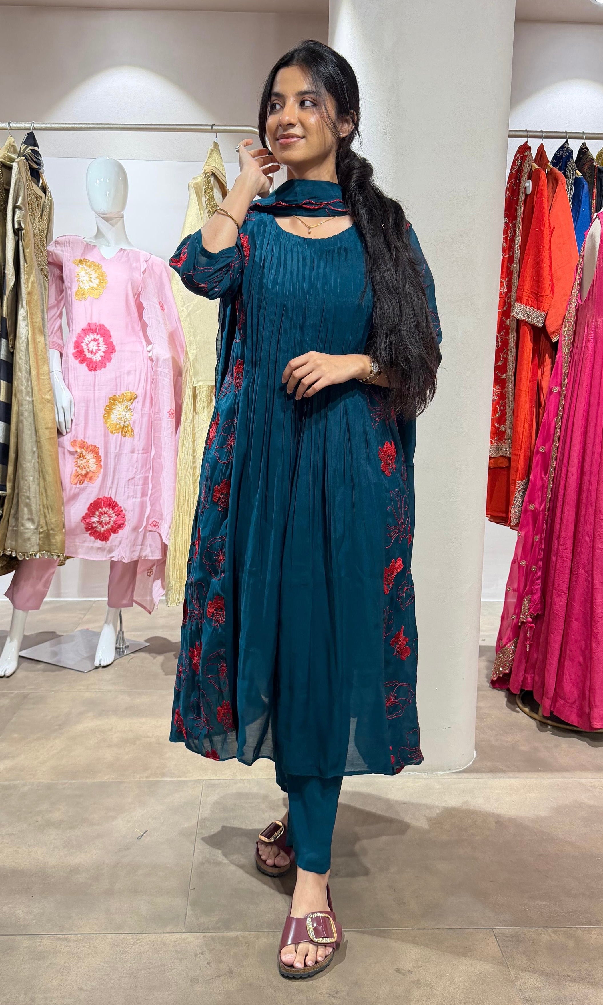 Blue Floral Embroidered Kurta Set with Dupatta