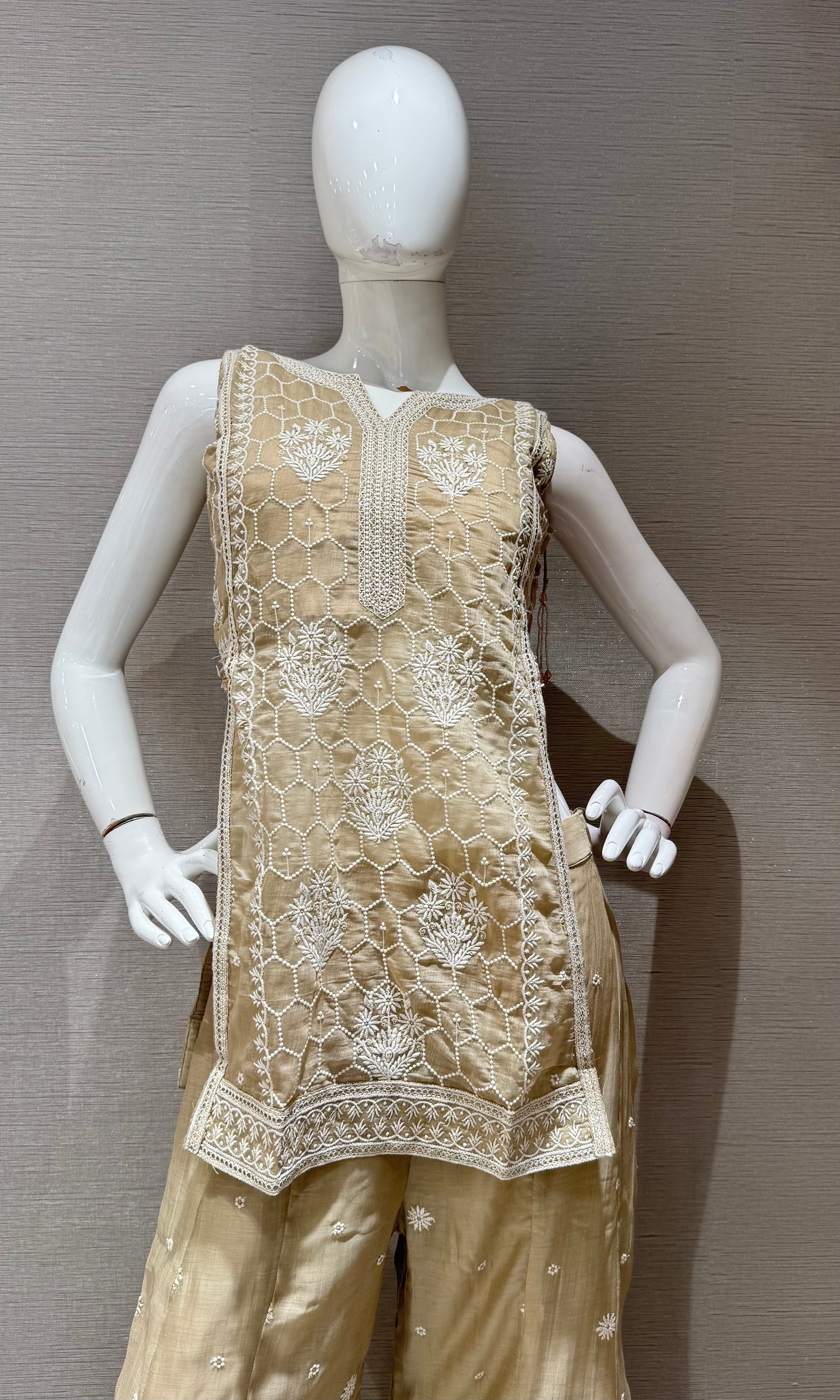 Beige Floral Embroidered palazzo set
