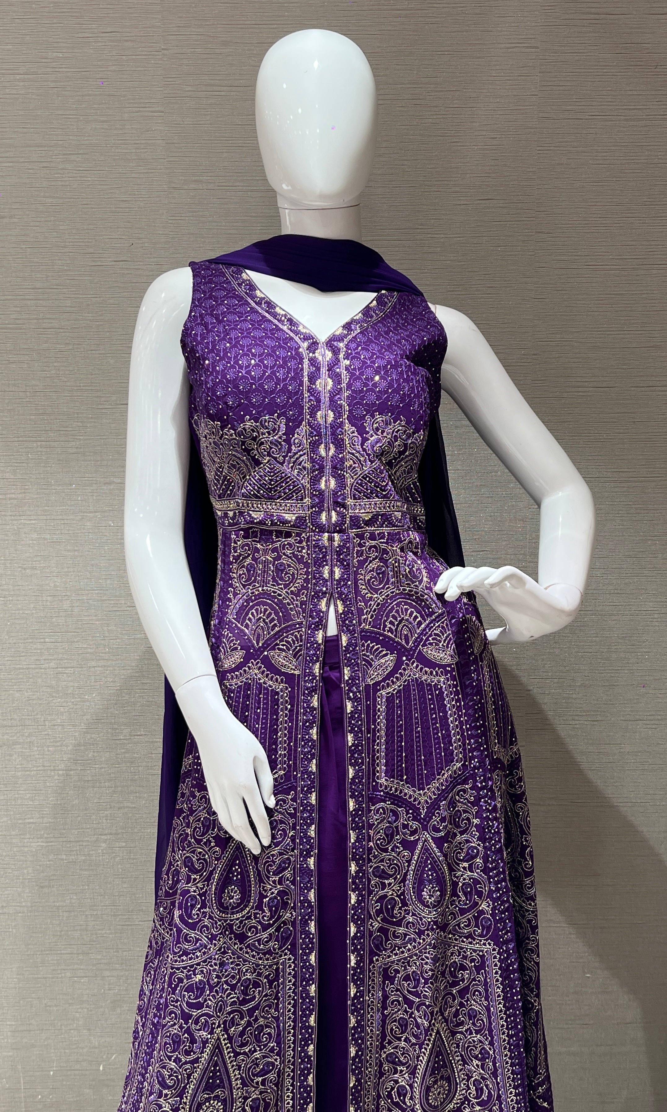 Purple front slit Anarkali with palazzo pants
