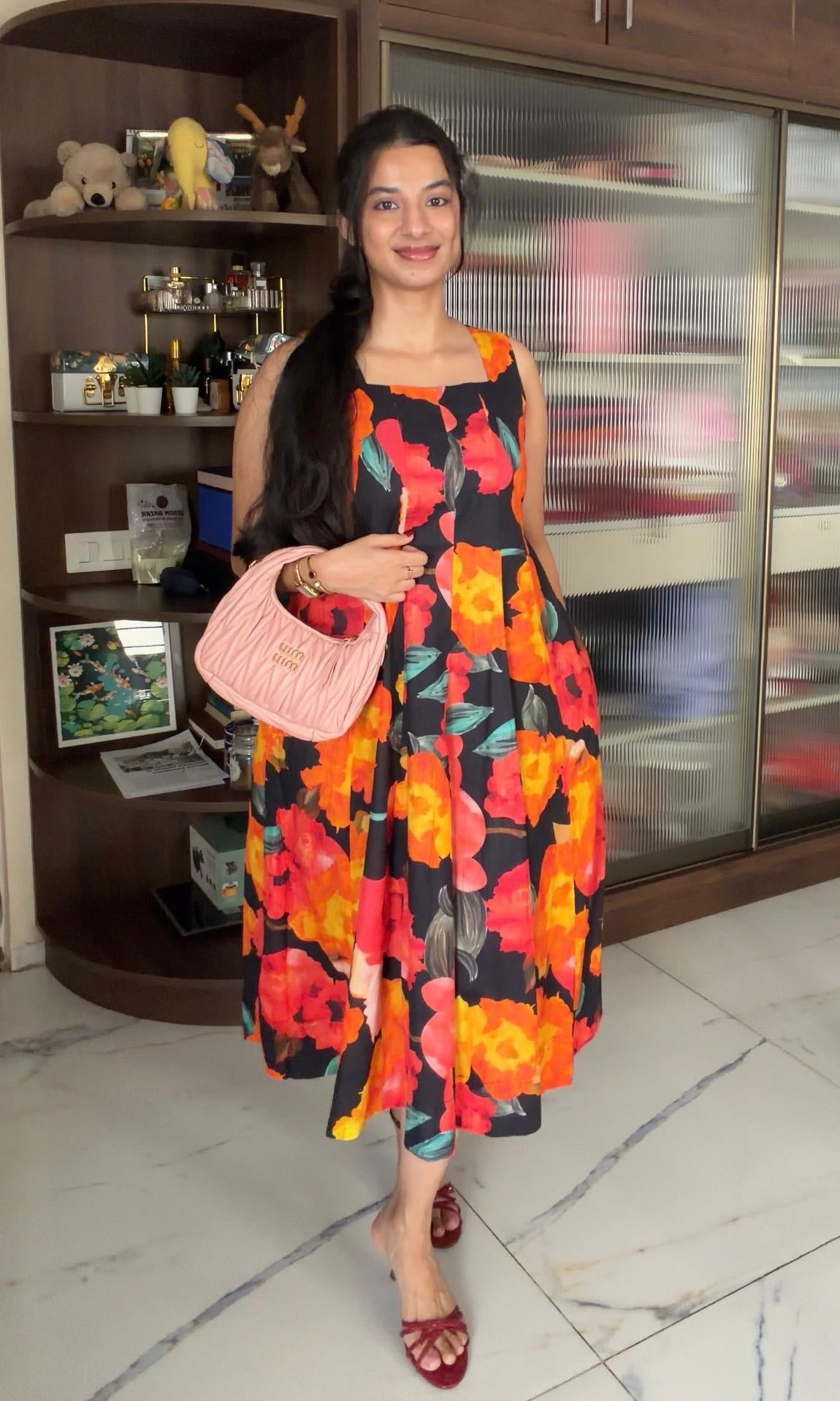 Orange and Black floral linen cotton dress