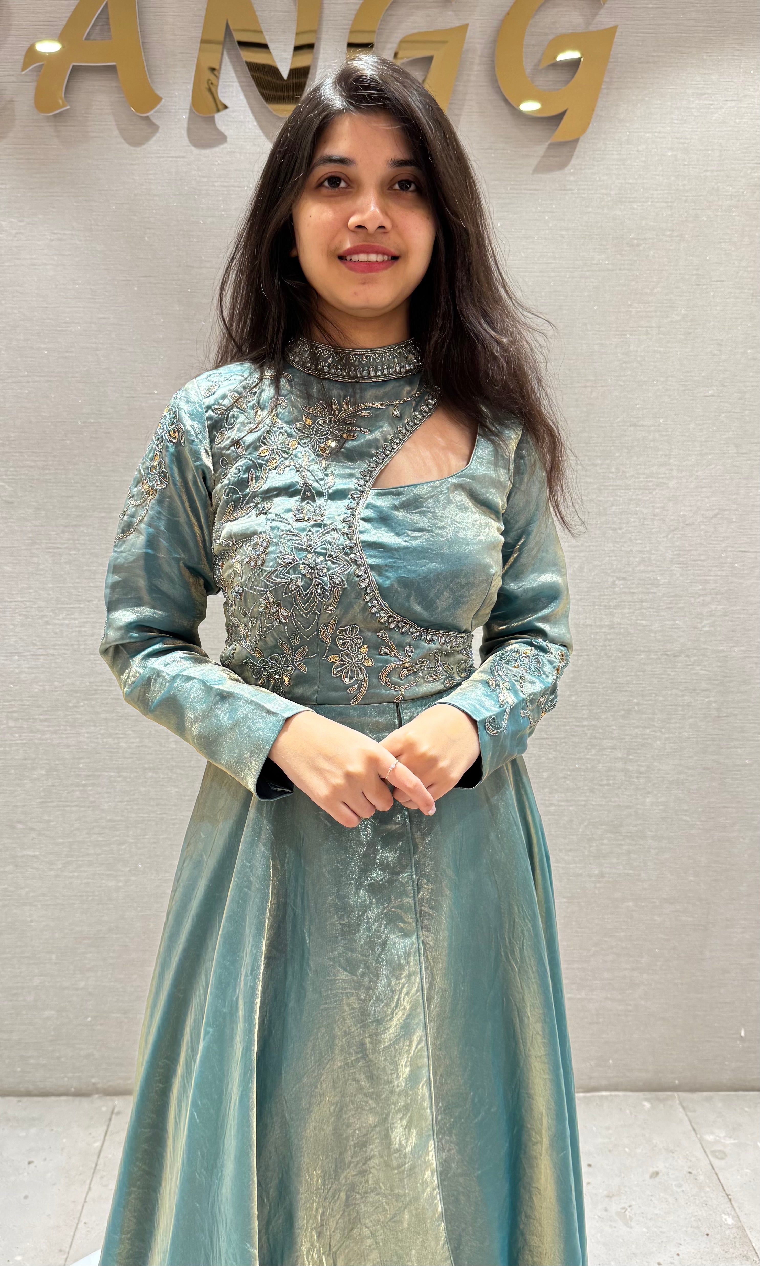 Sea green ANARKALI WITH NECK DESIGN