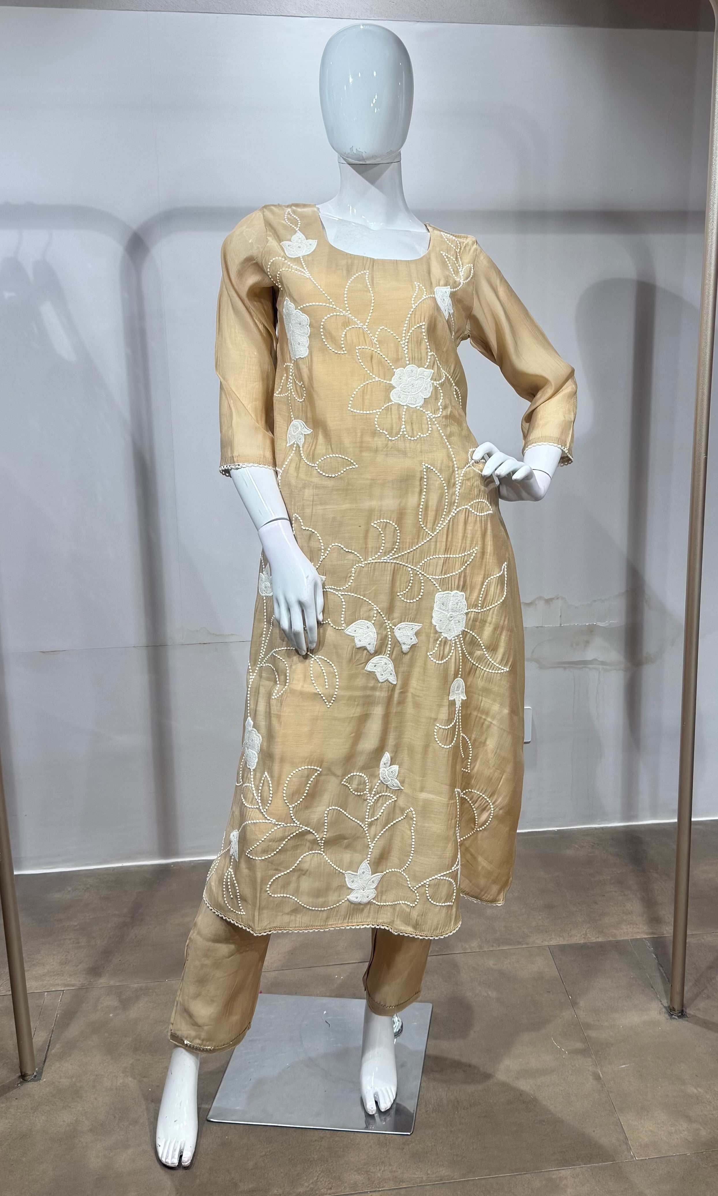 Beige Floral Thread Embroidered Kurta Set