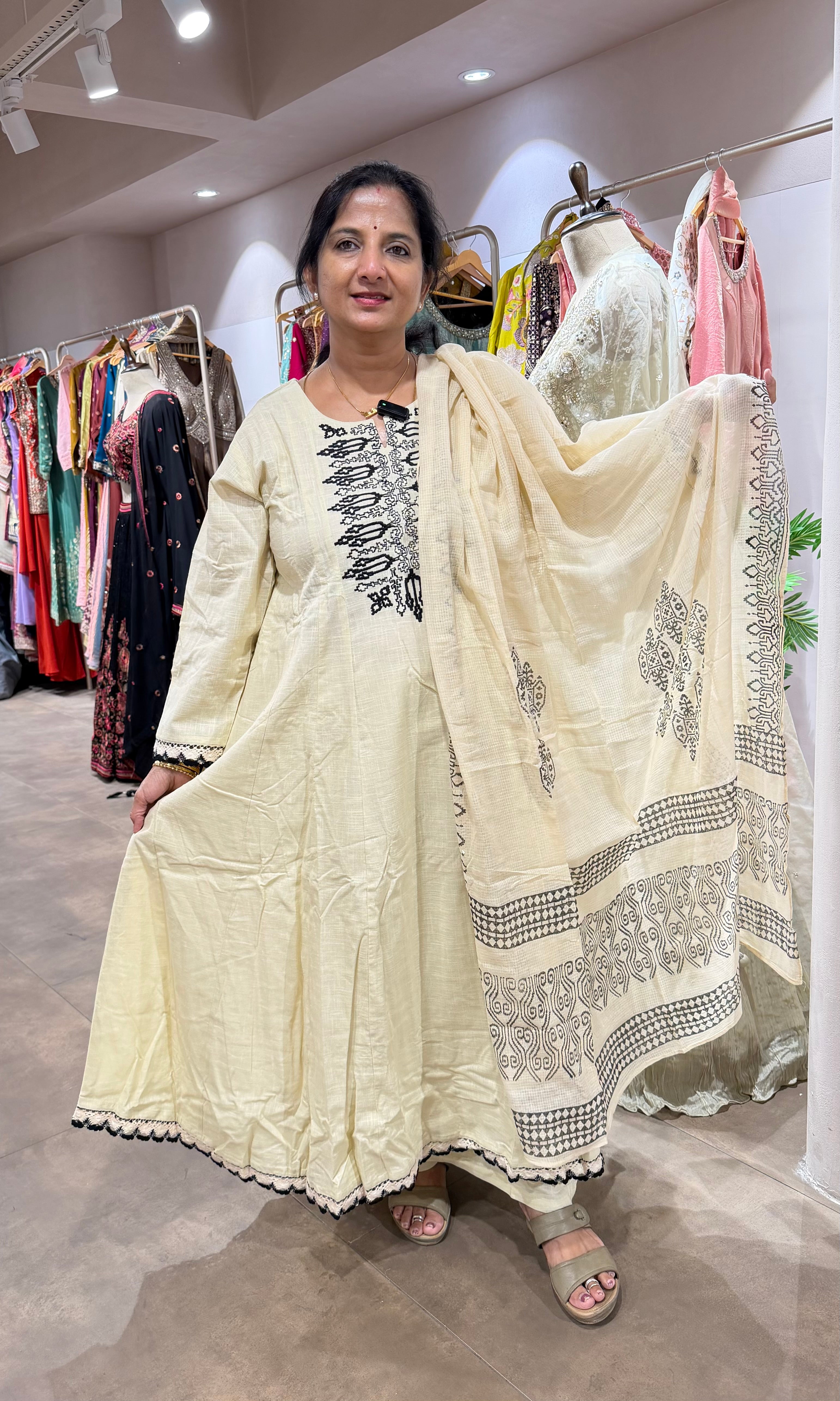 Half White Mul Cotton Anarkali Suit Embroidery