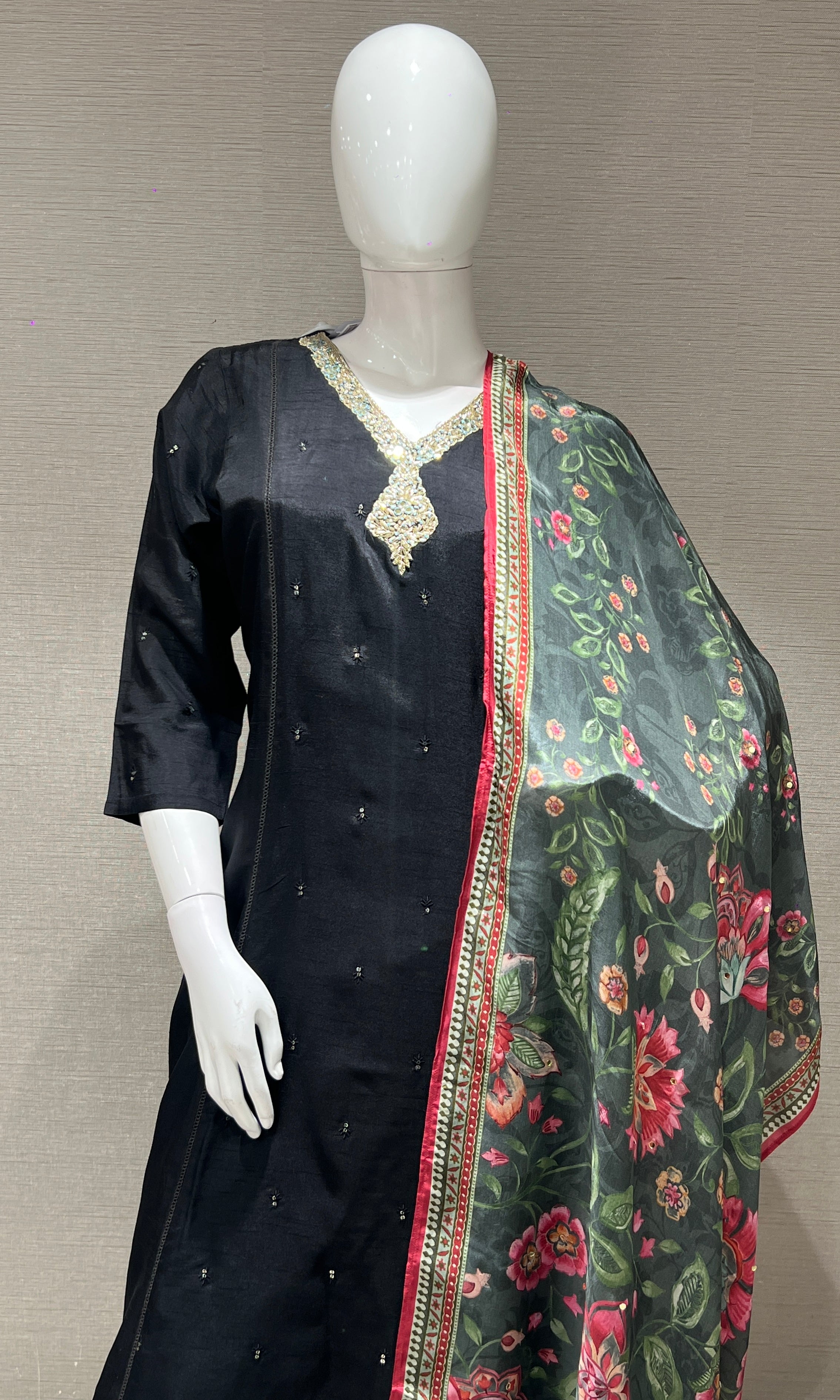 black kurta set with floral printed dupatta