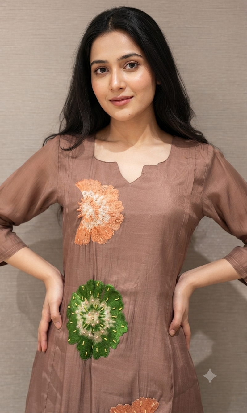 Light Brown cotton silk Floral Motif Kurta set with dupatta