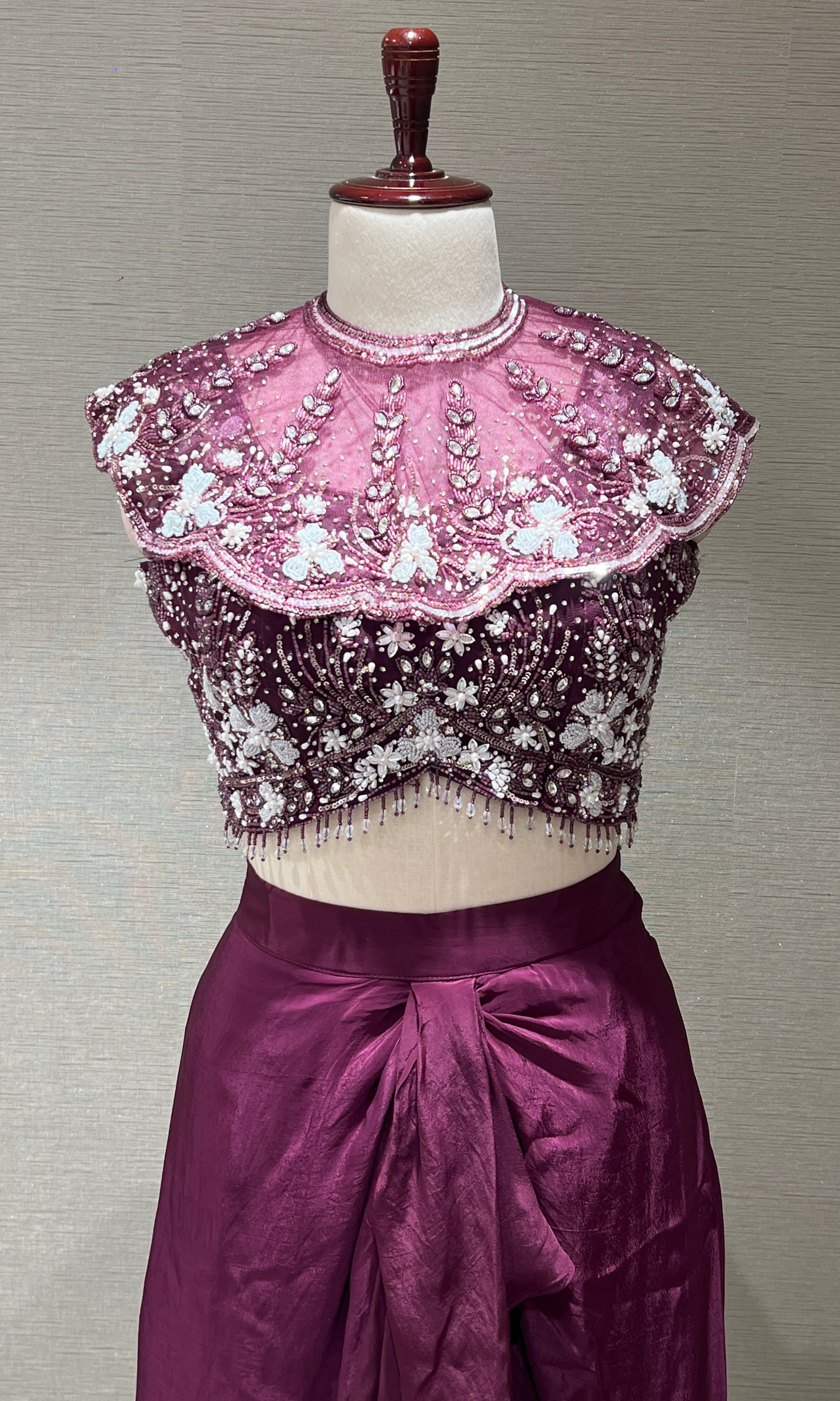 Wine Crystal Sequin BLOUSE with Ruffle Drape Skirt