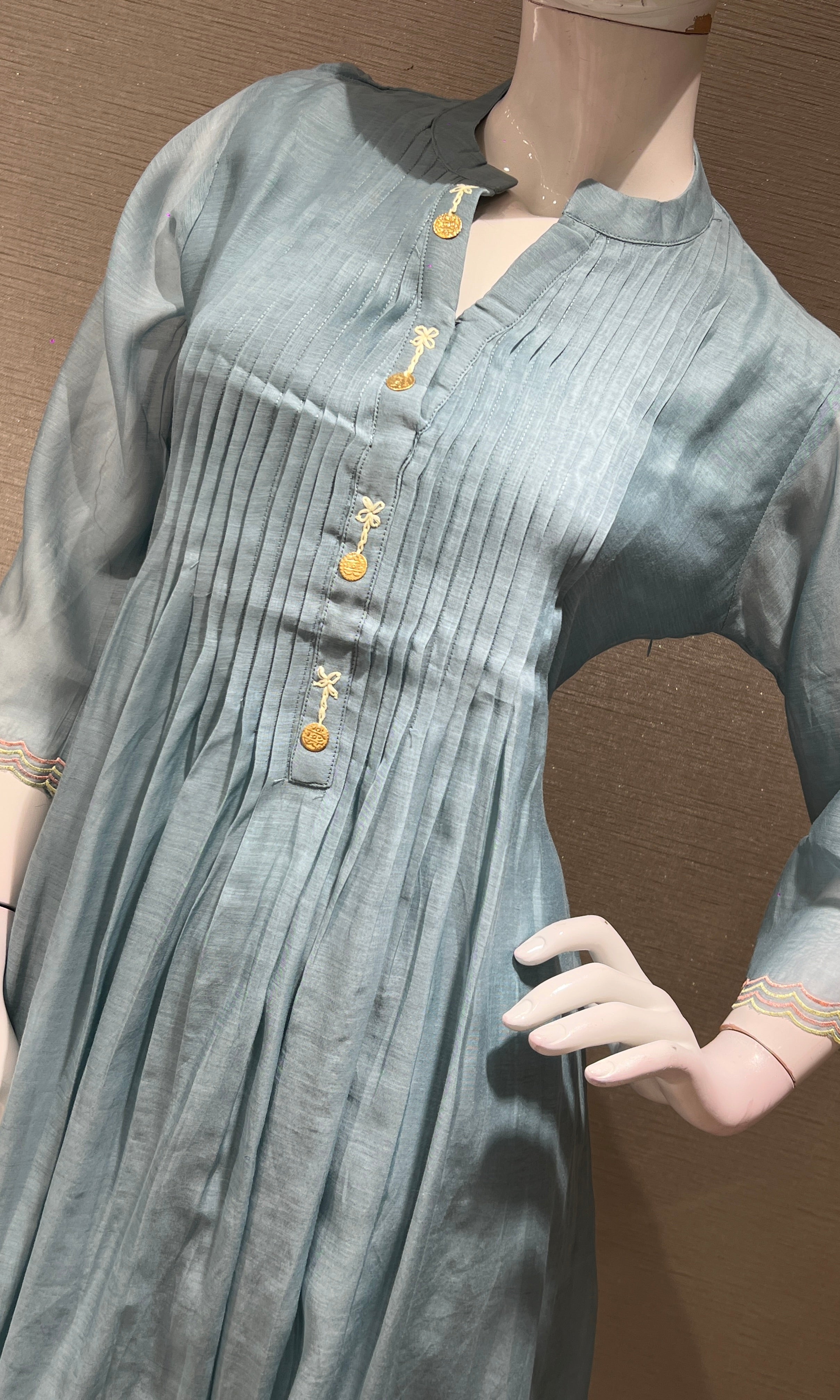 LIGHT blue FLORAL MUL CHANDERI KURTA SET