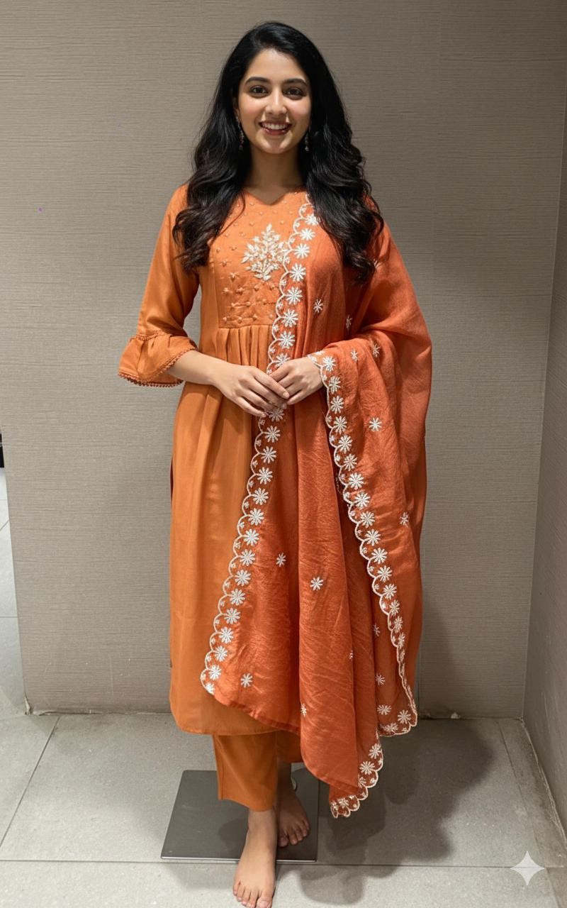 Rust floral embroidered MUL CHANDERI kurta set