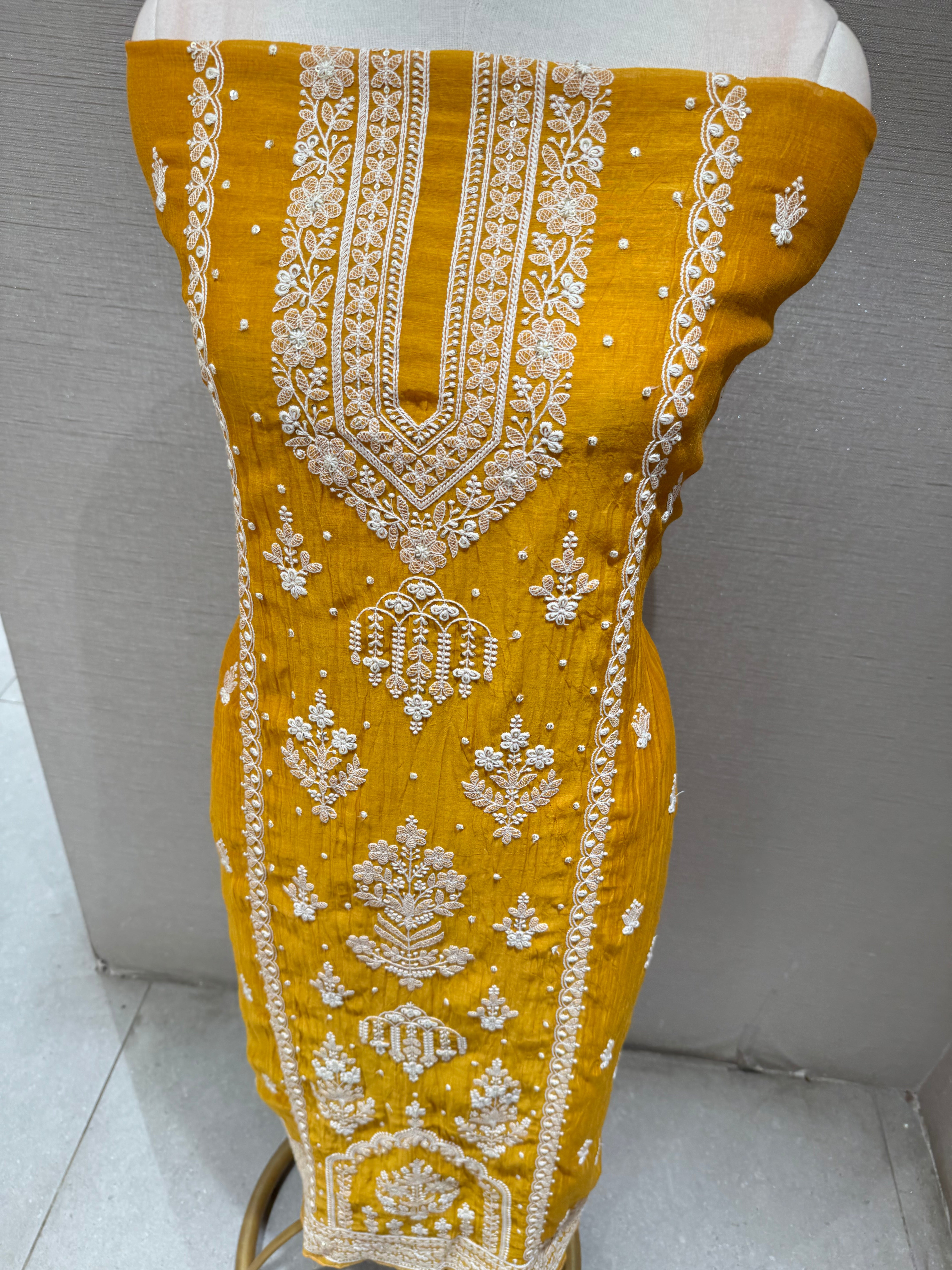 Mustard Yellow Embroidered Silk Dress Material Set