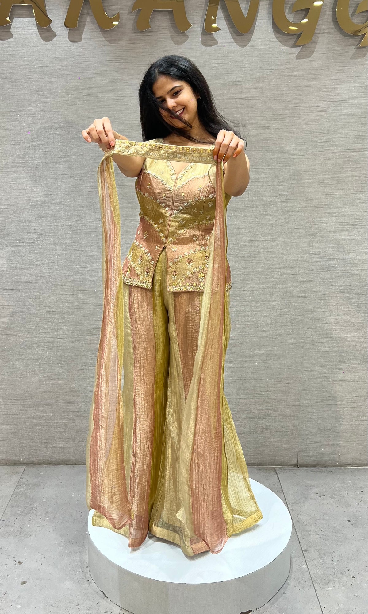 Gold and Pink tissue silk Embroidered Palazzo Set & dupatta