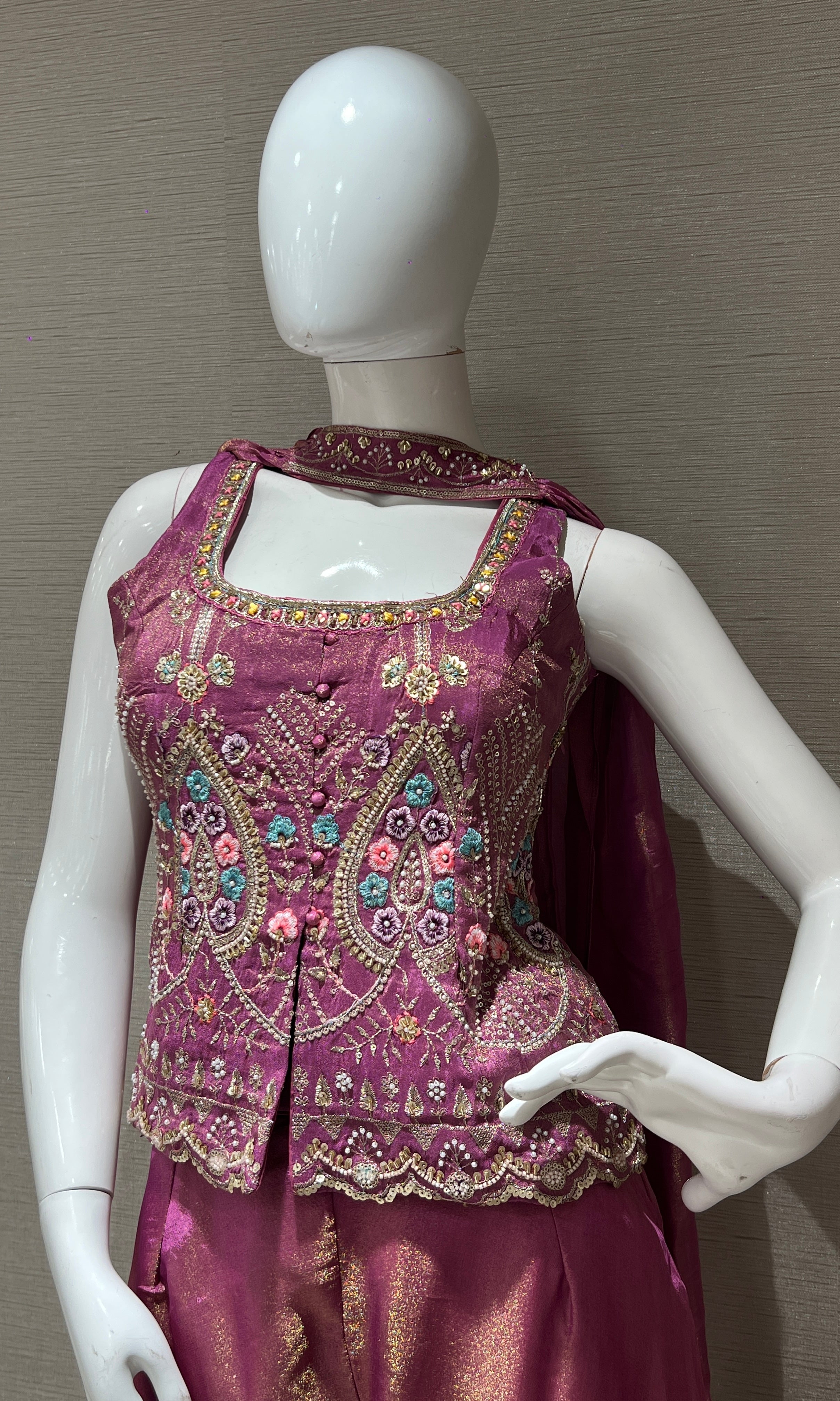 Onion Pink Embroidered Palazzo SET
