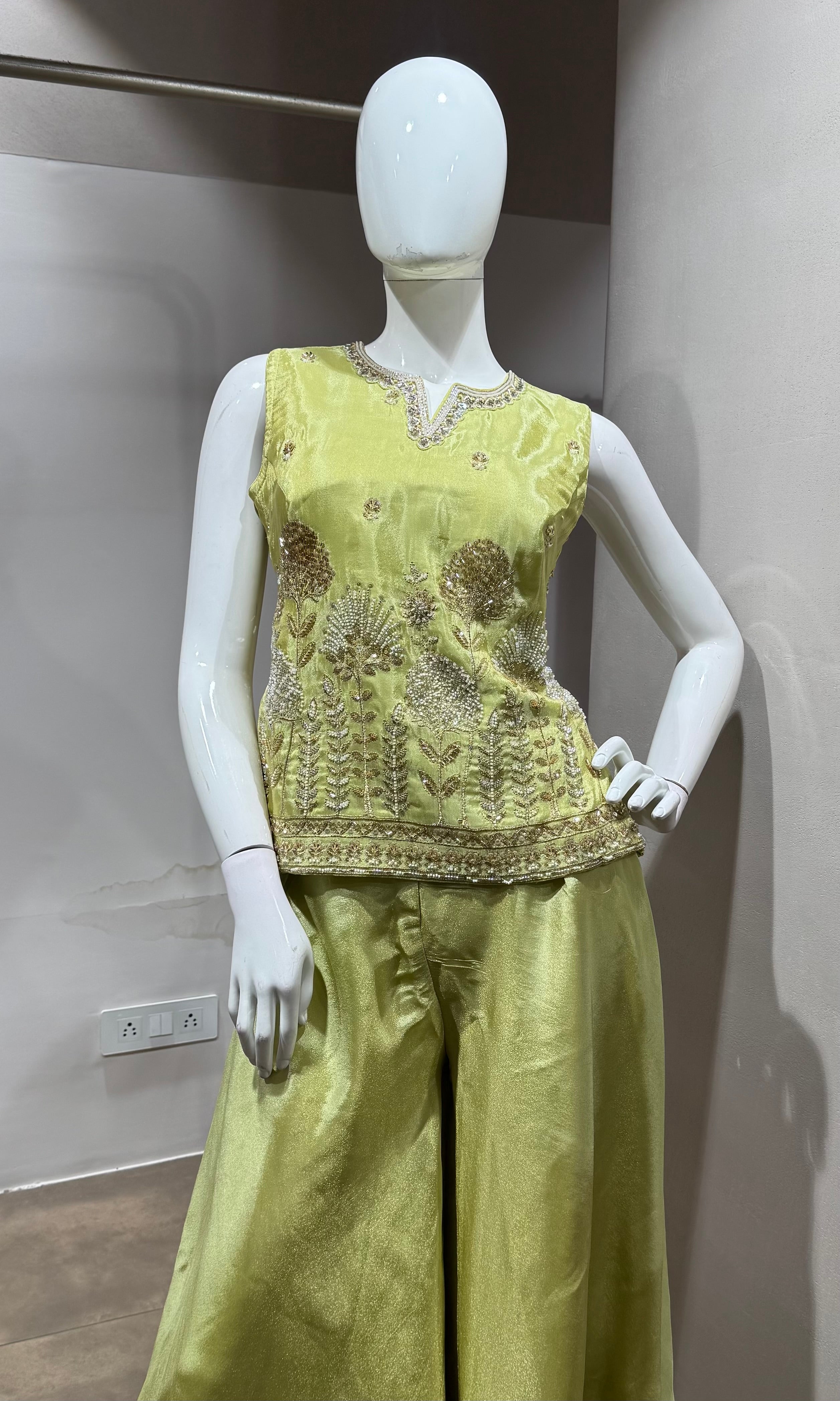 Pista green embroidered peplum palazzo set