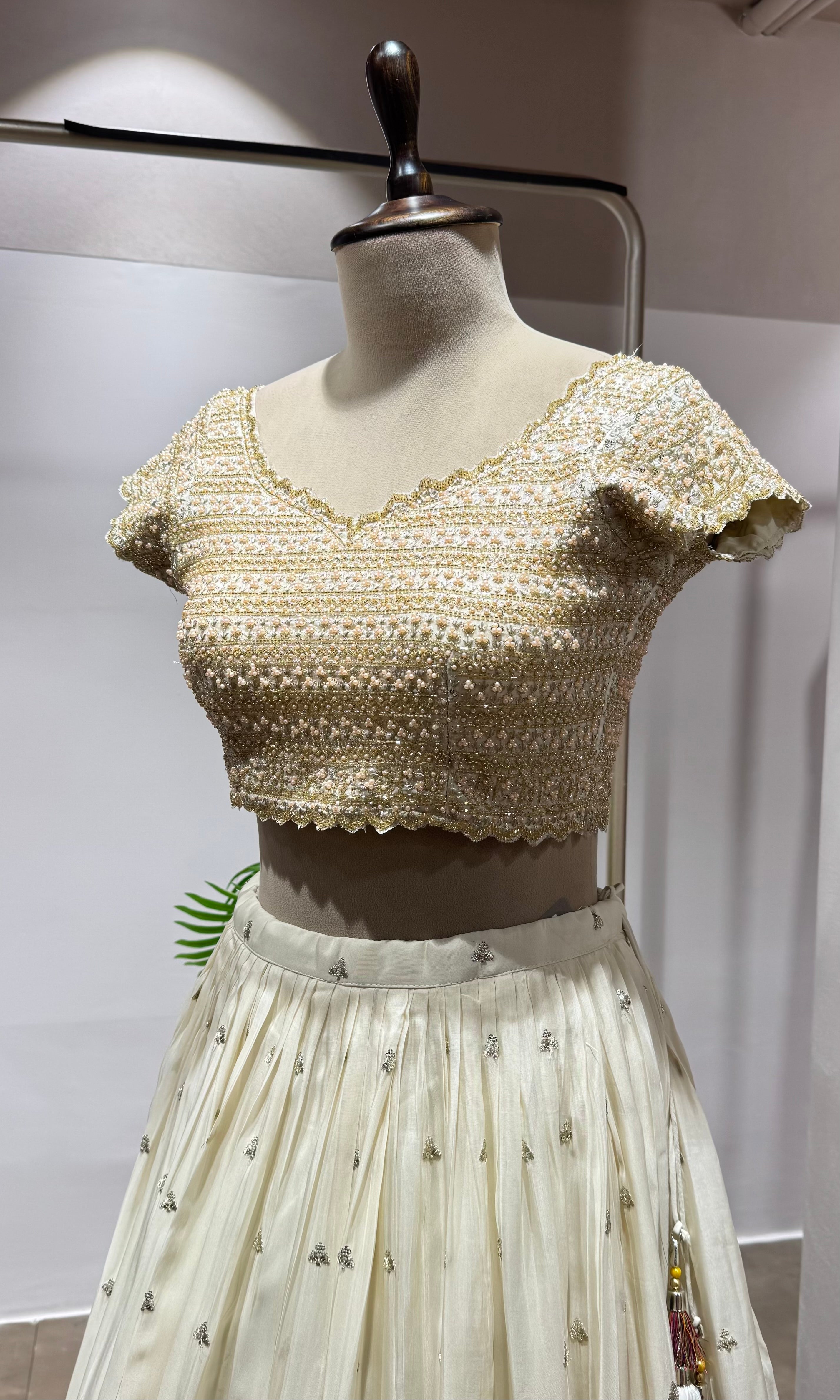 Cream Floral Lehenga with Embellished Blouse