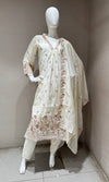 White golden floral a line kurta set with dupatta