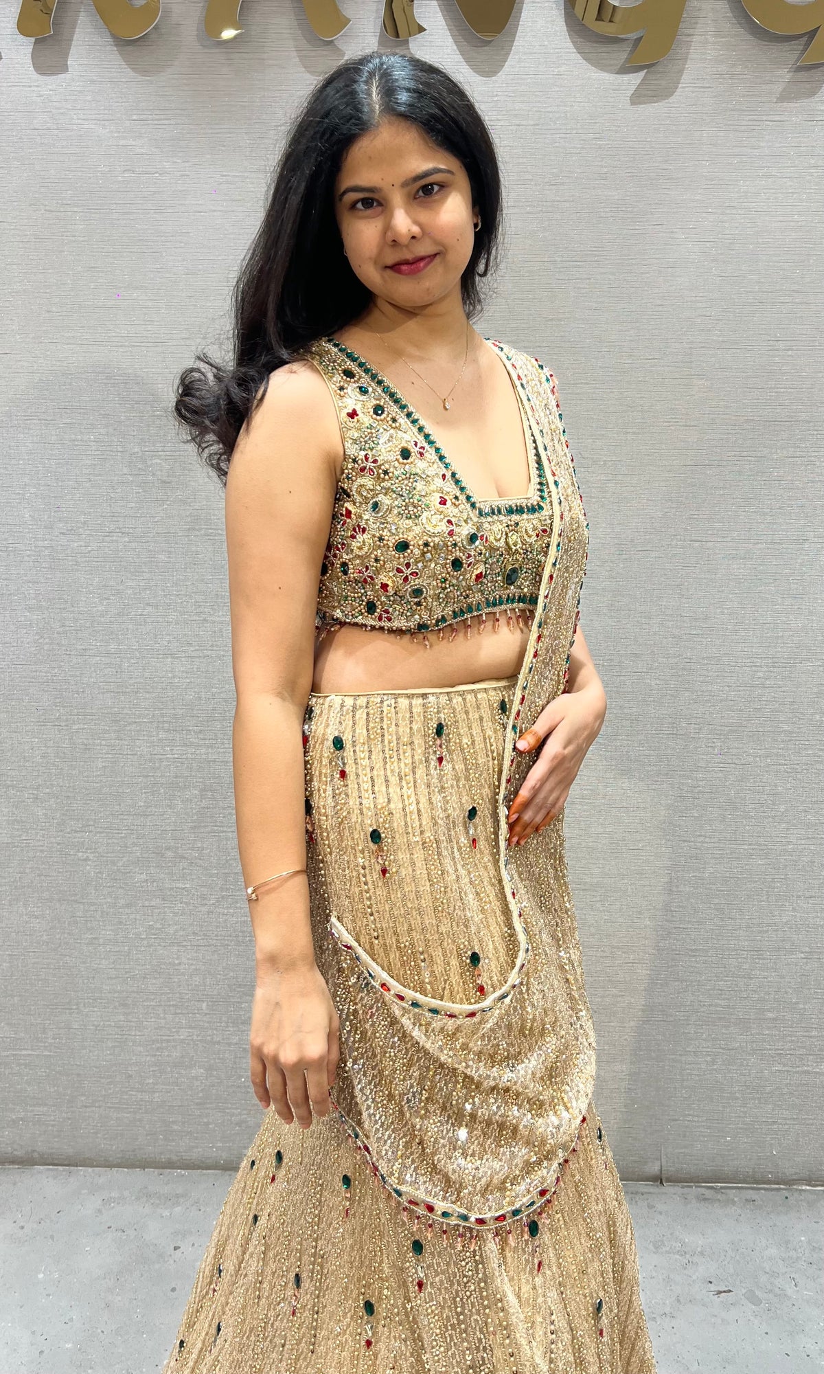 Gold Net Mermaid Lehenga with Jewel Stone & Cutdana Embroidery