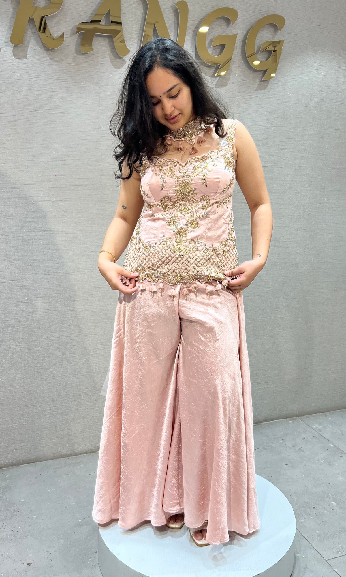 Baby Pink Satin Palazzo Ensemble with Gold Embroidery