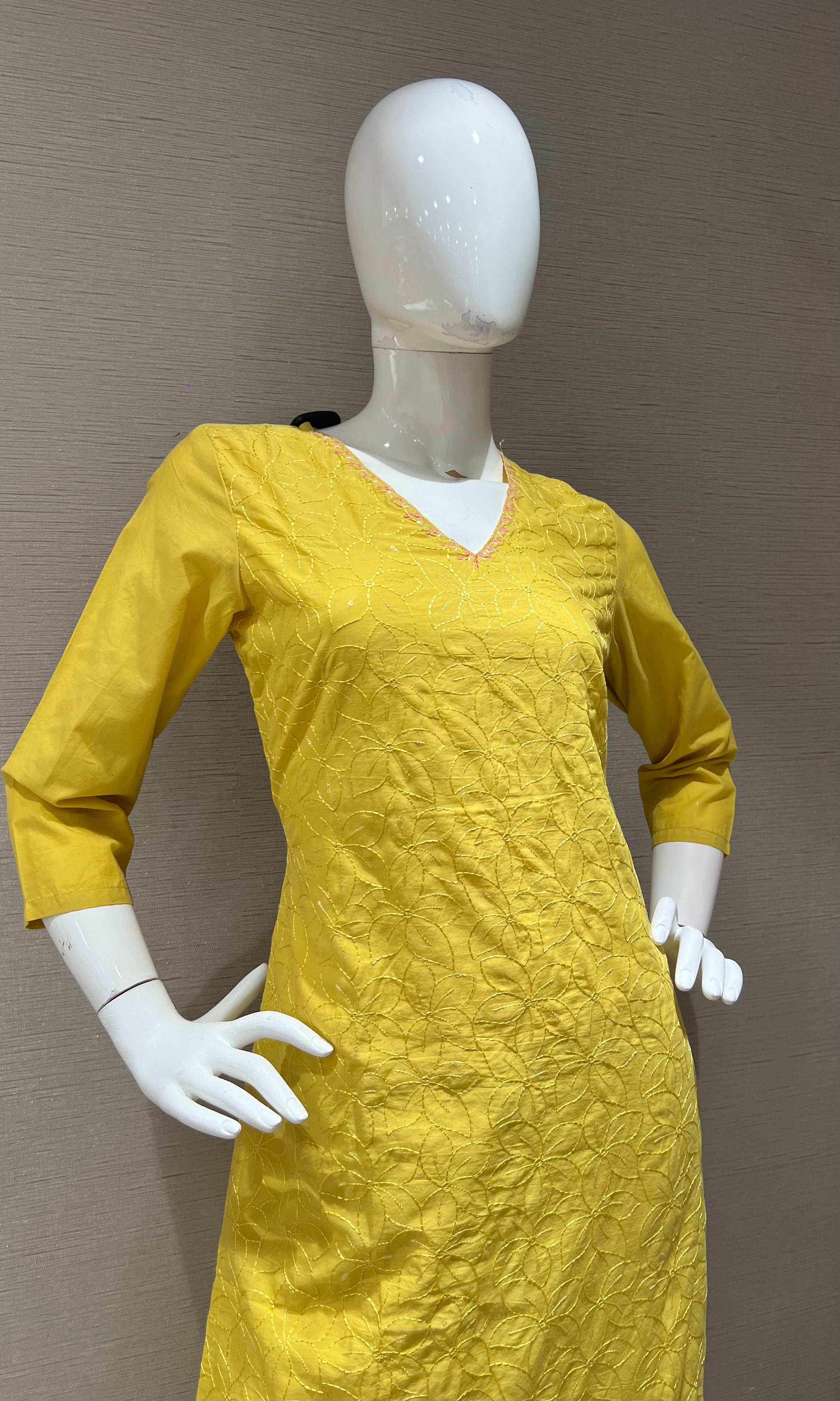 Yellow Cotton Kurta set with Embroidered Dupatta