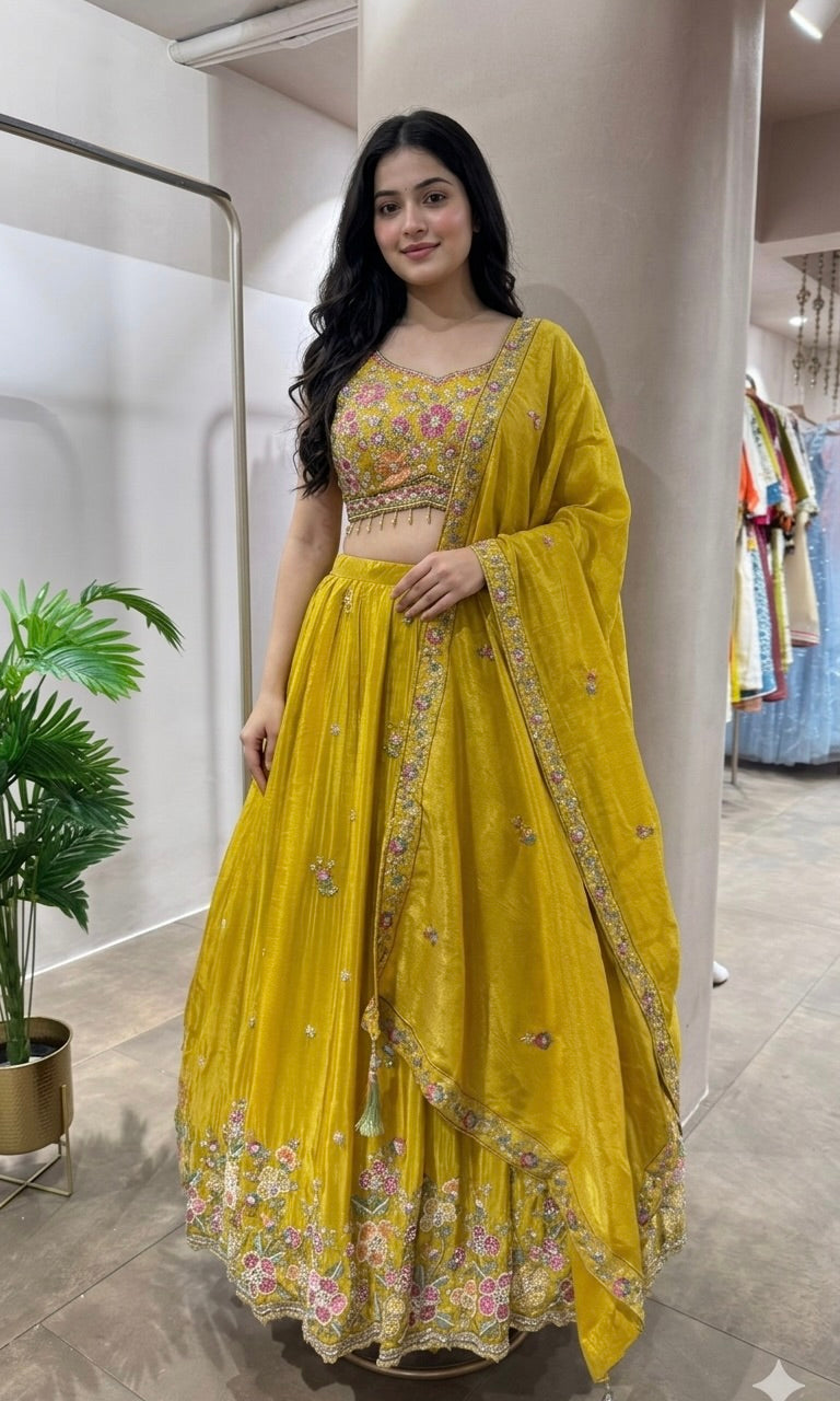 YELLOW floral thread LEHENGA SET