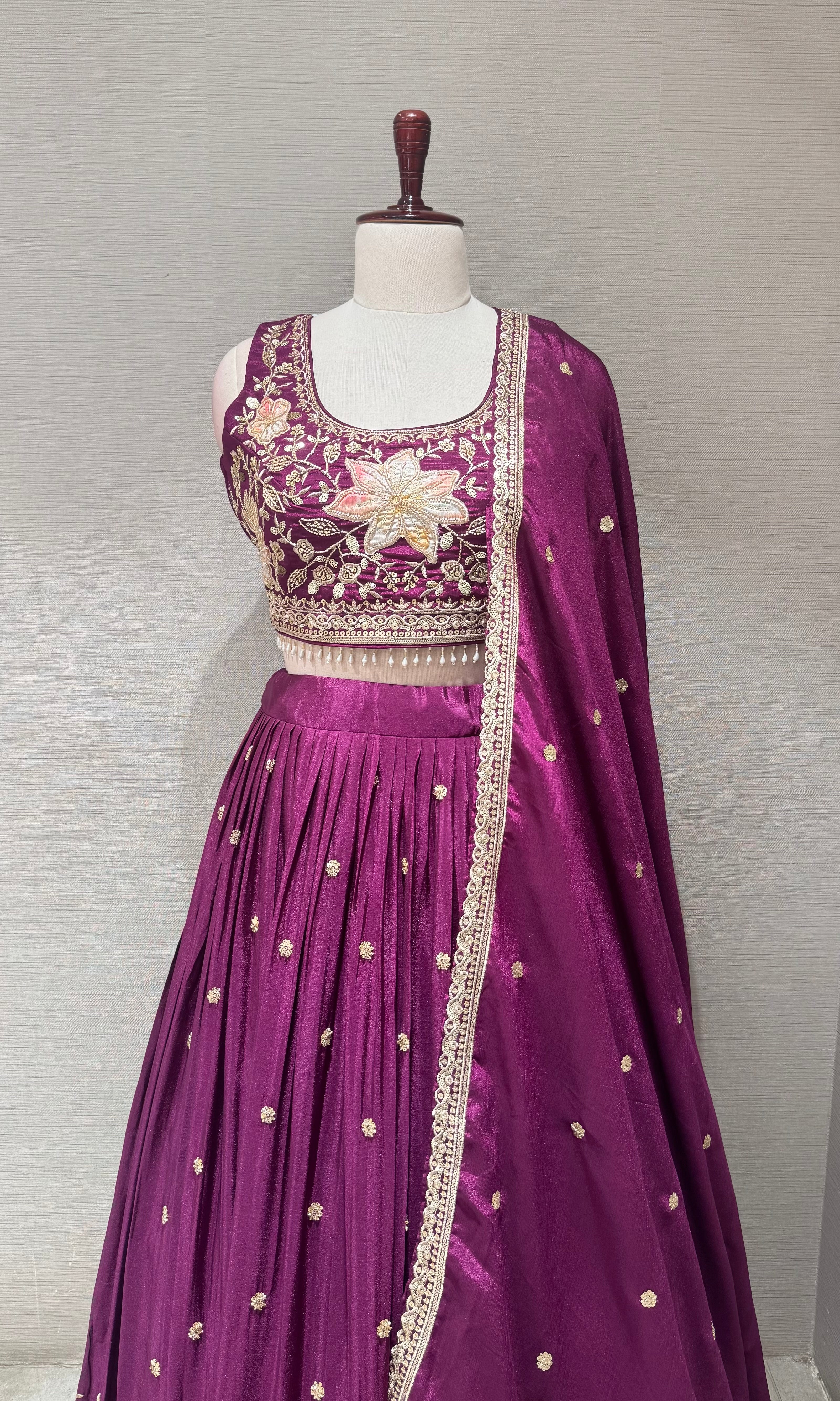 Wine Tissue silk Floral embroidered lehenga set