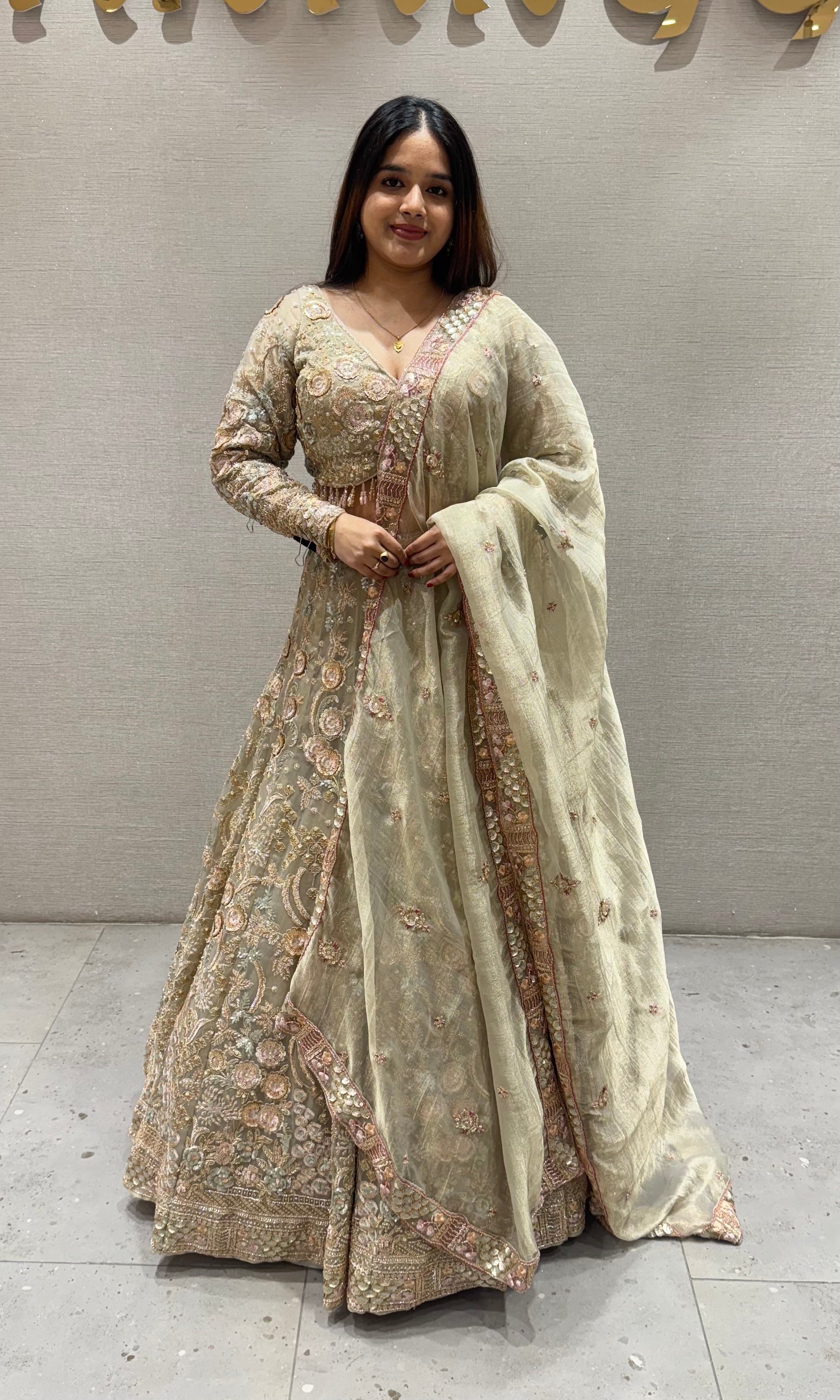 Sage green gold zardosi work lehenga