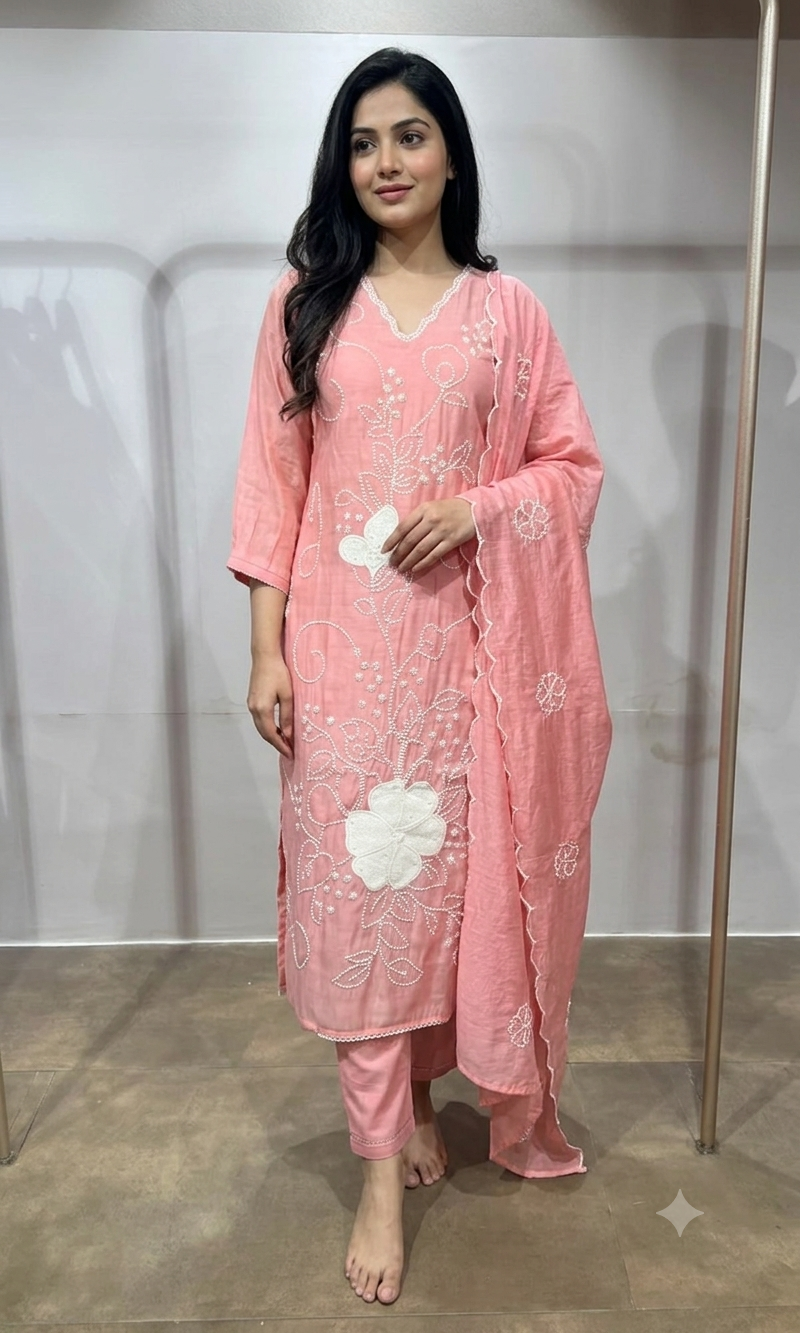 Baby Pink Cotton silk Floral Kurta set with dupatta