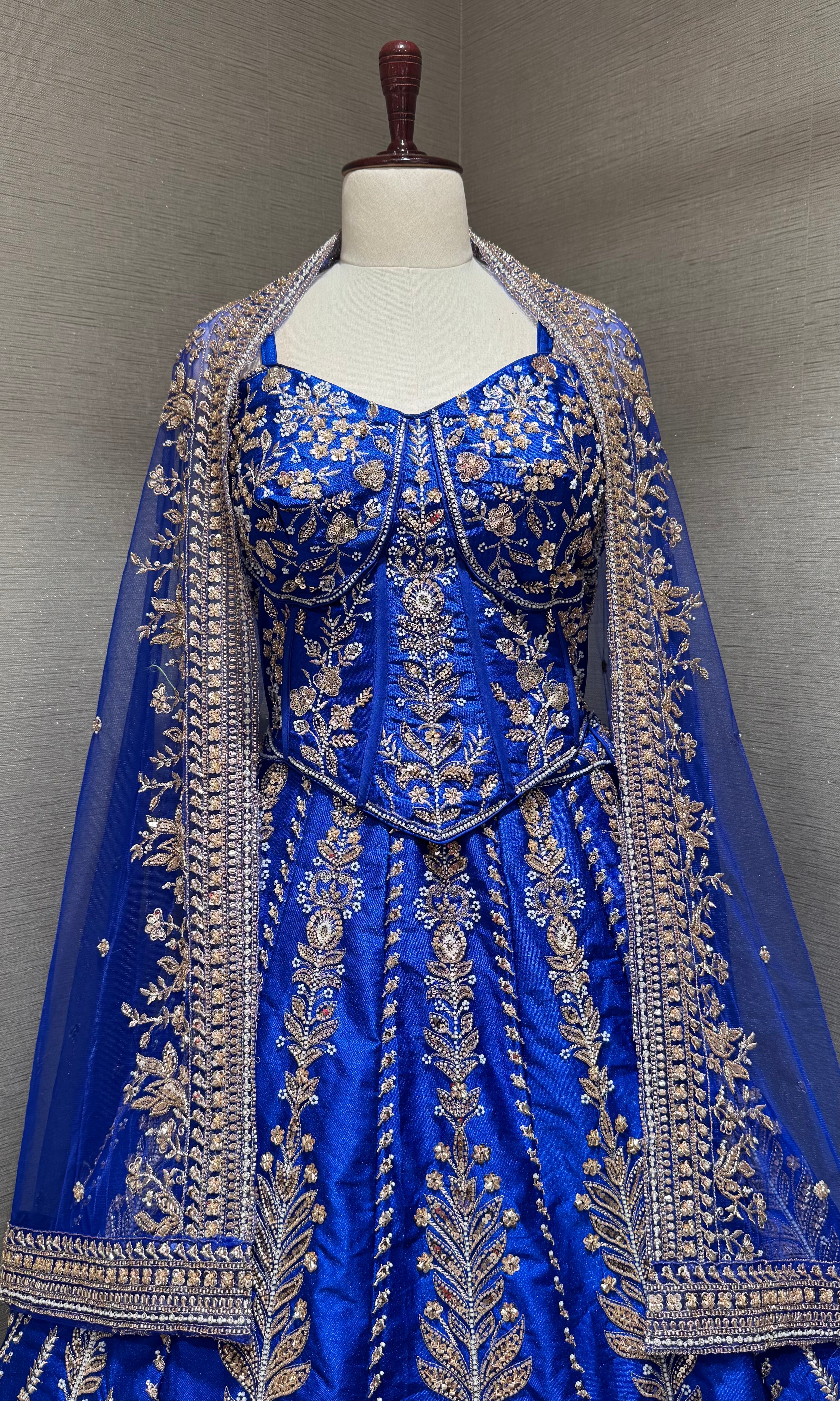 Royal blue embroidered peplum crop top lehenga
