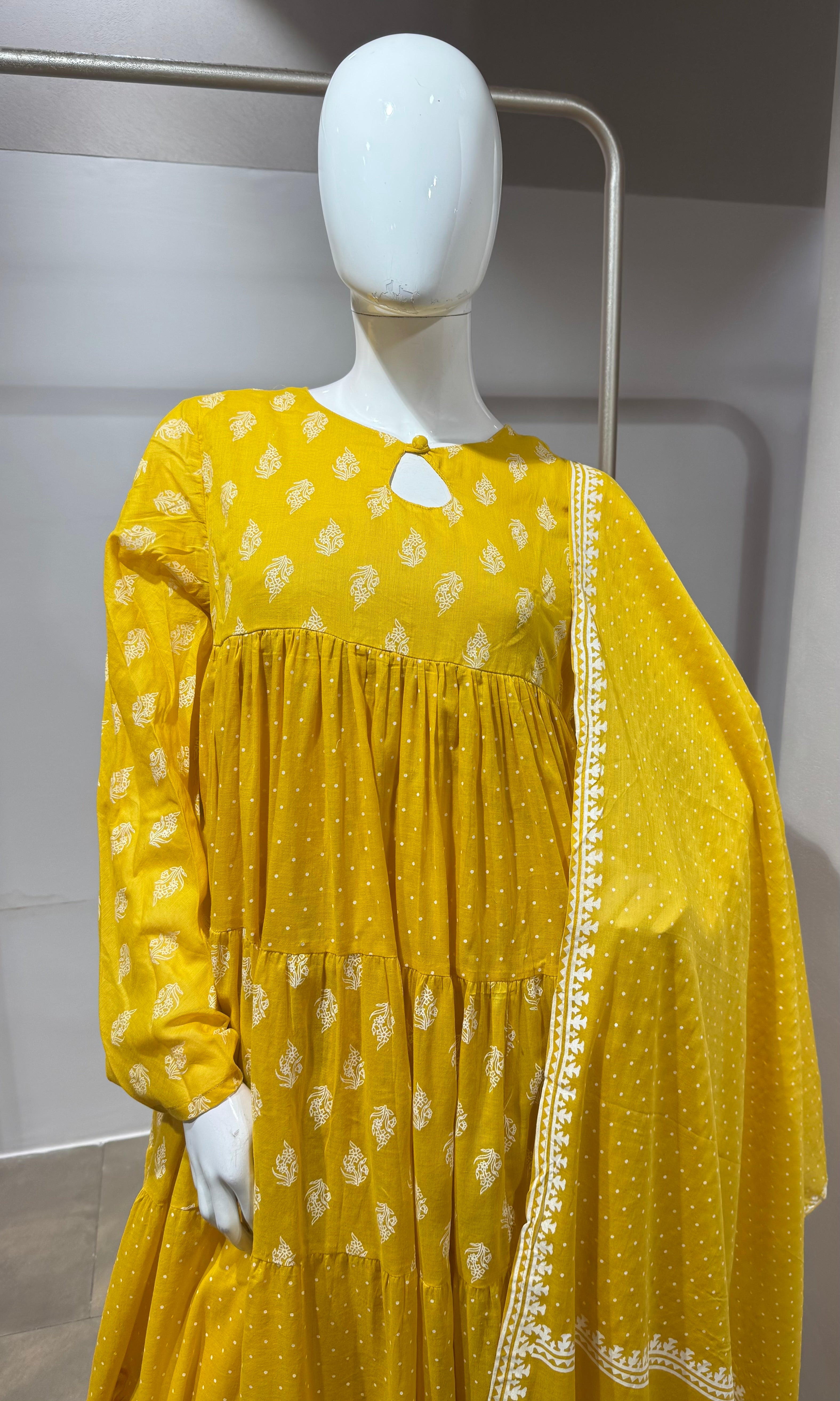 Mustard Floral Block Print anarkali Set with Dupatta