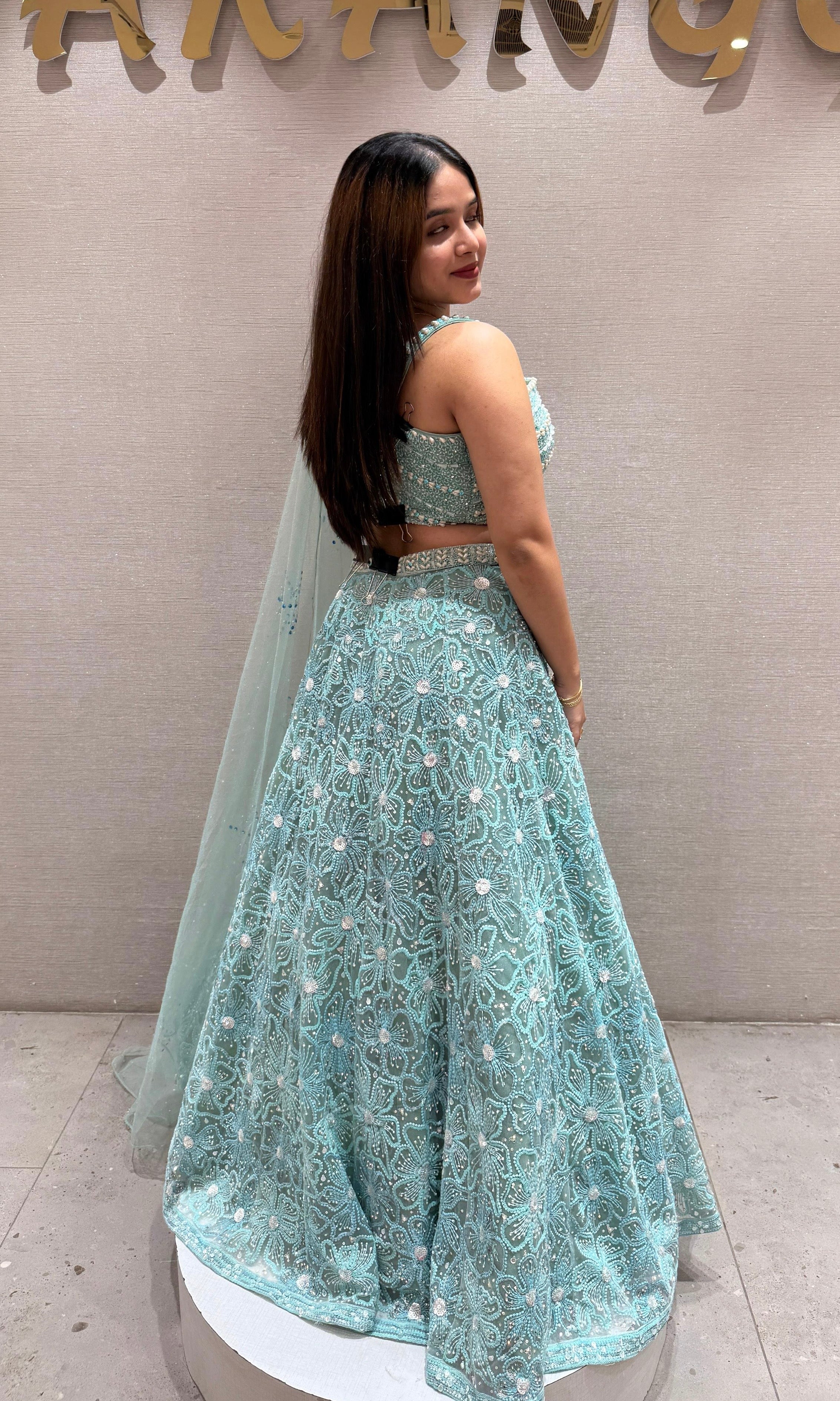 Sea blue Indo western Lehenga
