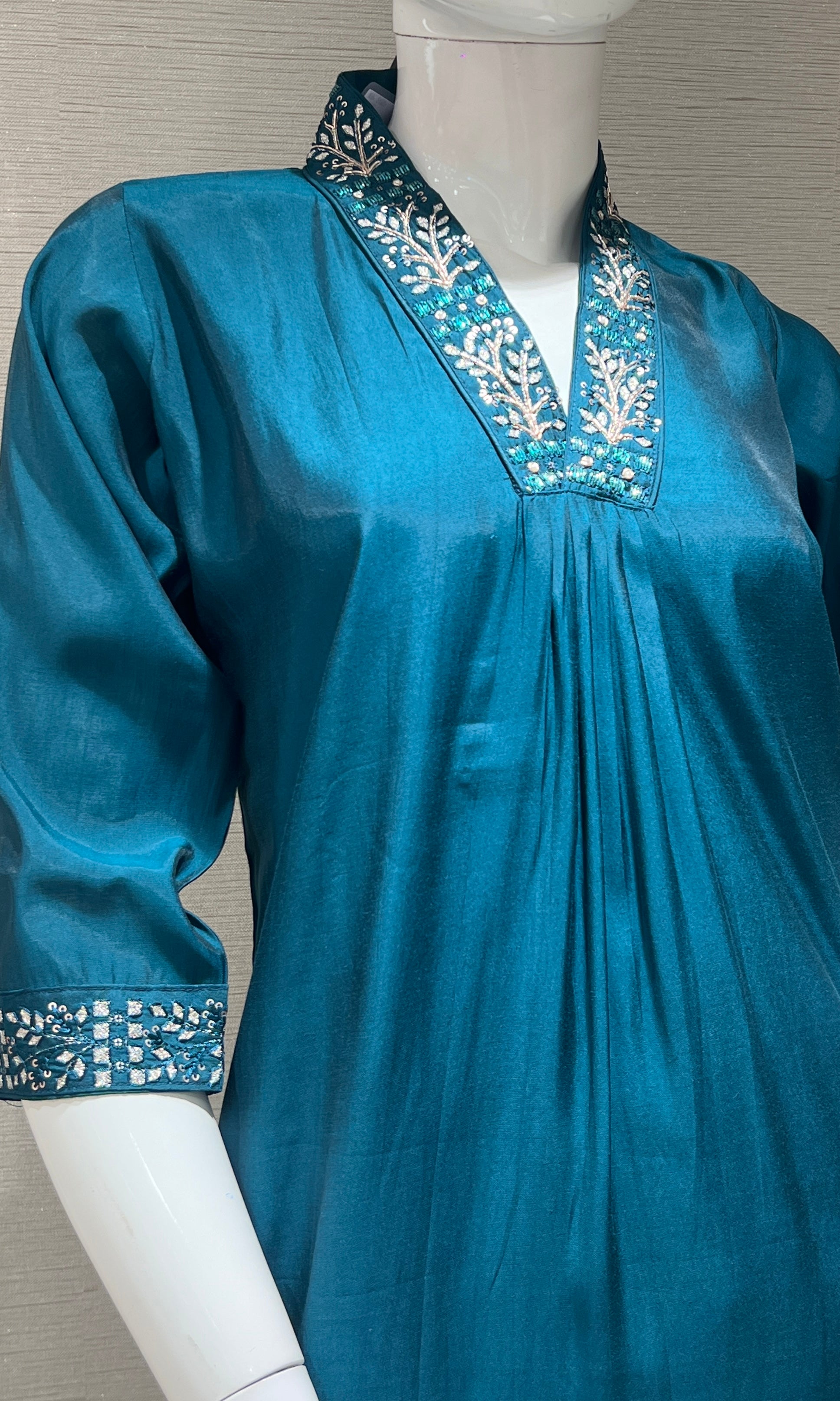 blue kurta set with gold dupatta