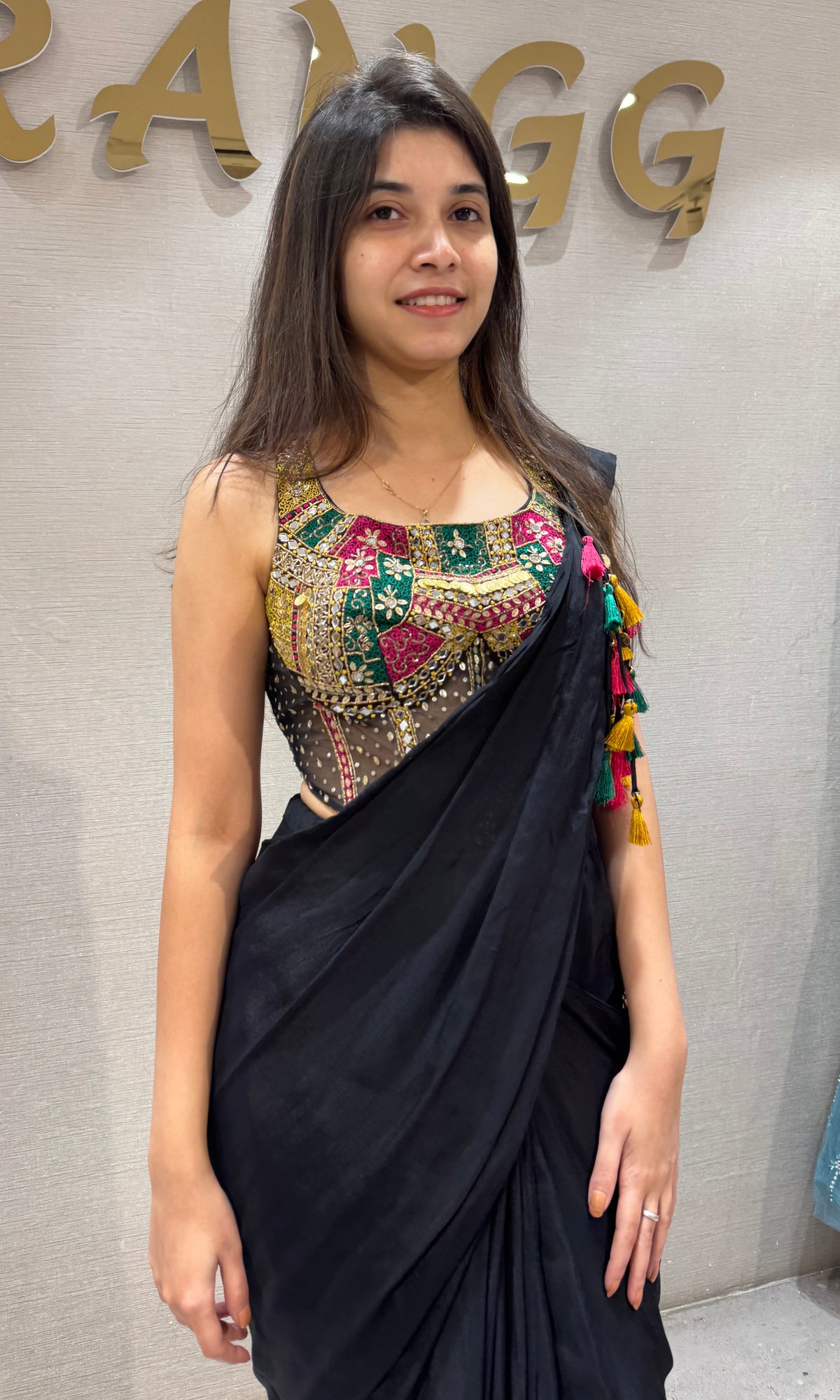 Black georgette drape Saree with Multicolor Embroidered Blouse